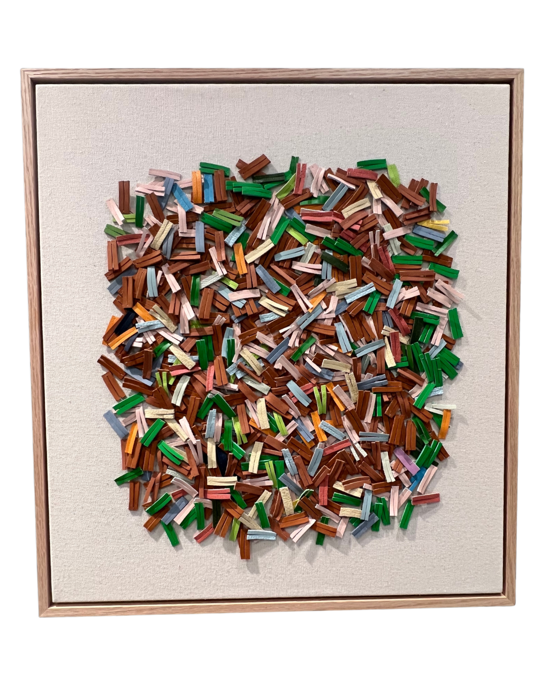 Cécilia Lusven, Leaves on the Ground, 2025, 20x18 inches, Handwoven from linen and off-cut leathers
$1,250