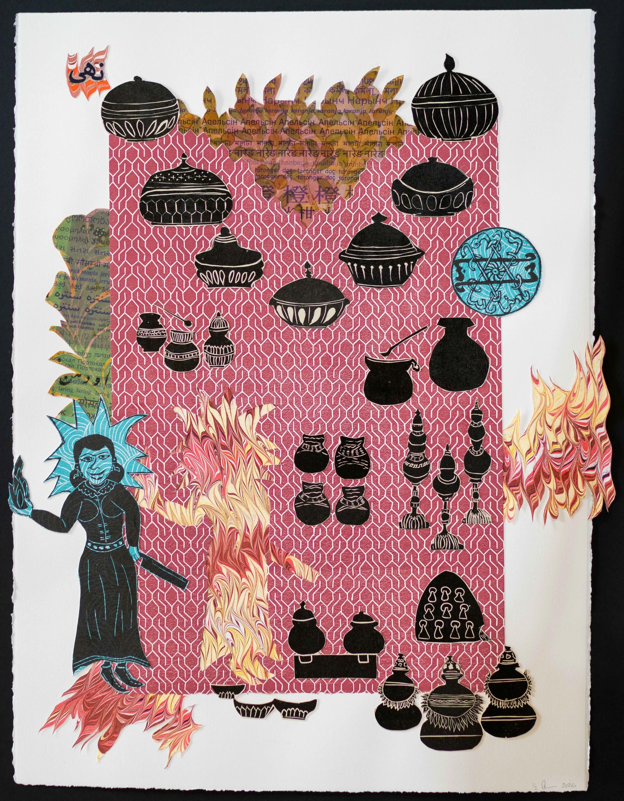 Nuha, Alchemists, 2 x 30 inches, Material: Lino cuts on letter press and French press prints on wasli paper and/or Rives Black and White papers, and hand marbled papers
