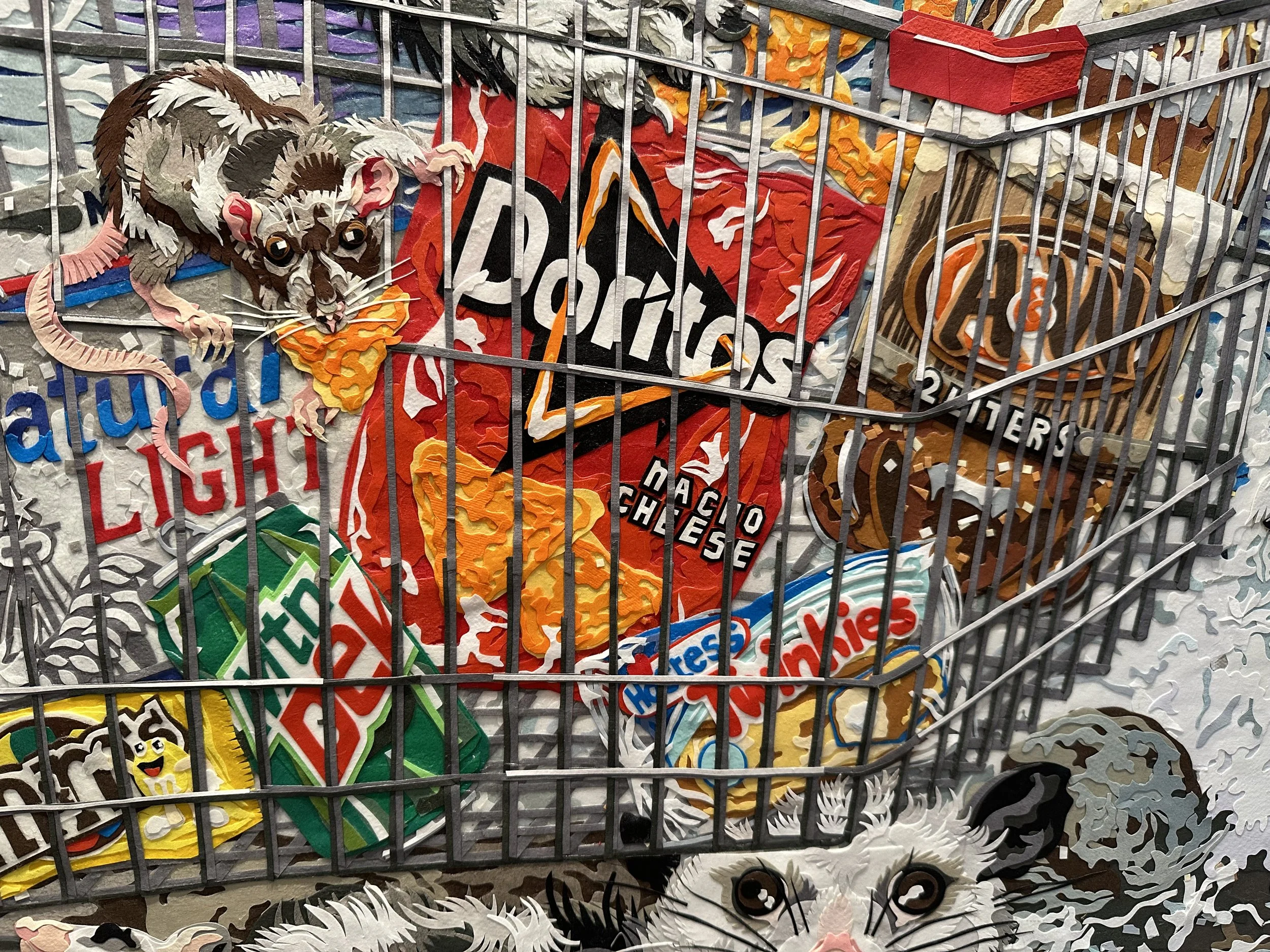 "Birth of Raccoon,' 72X48in, handout paper and gel medium on canvas, 2022, DETAIL.