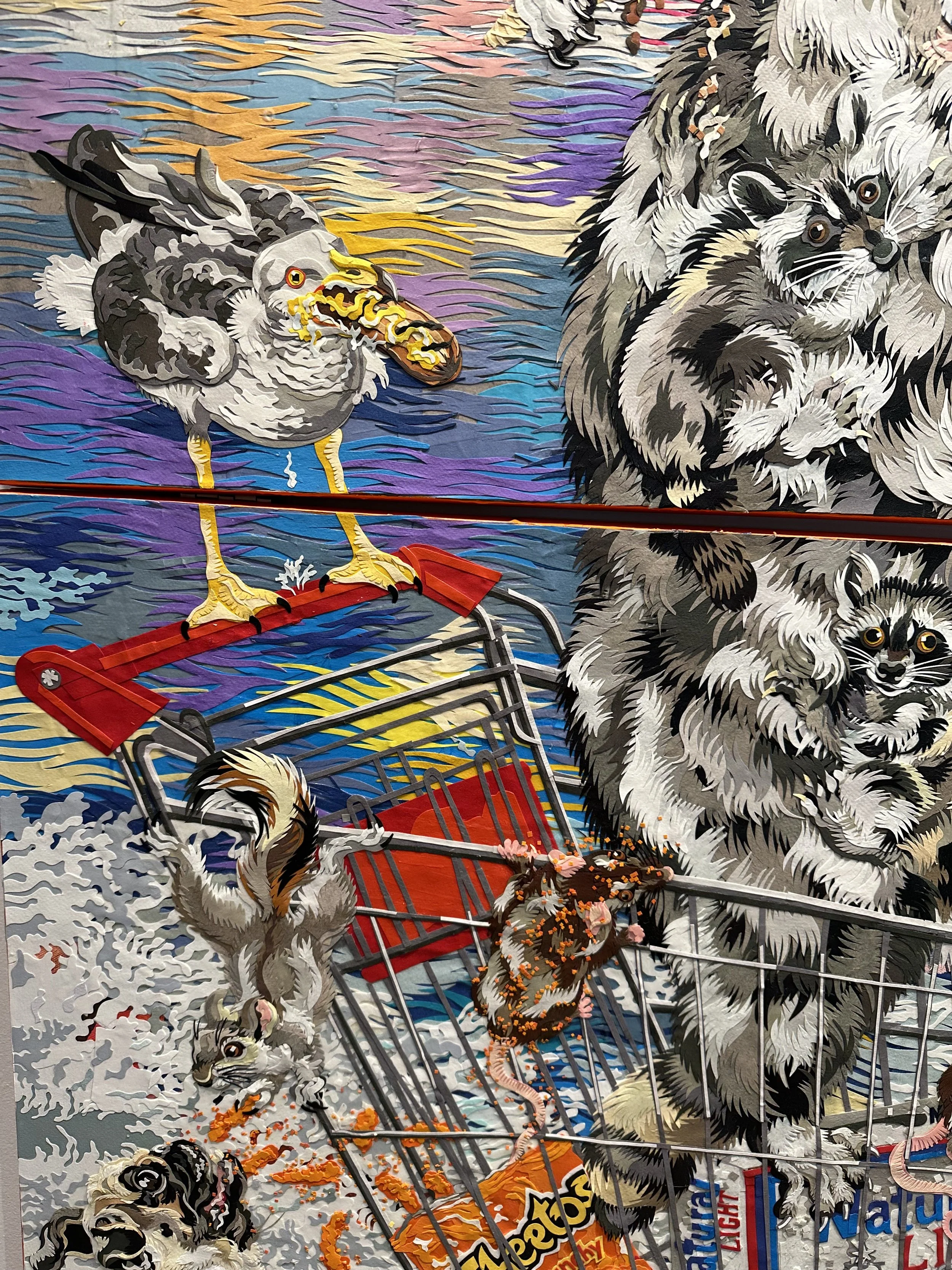 "Birth of Raccoon,' 72X48in, handout paper and gel medium on canvas, 2022, DETAIL.