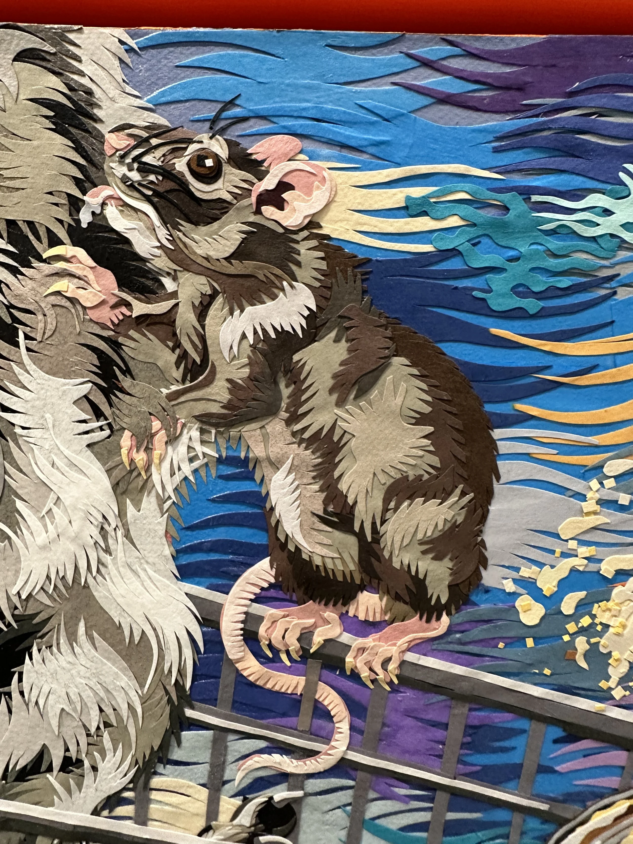 "Birth of Raccoon,' 72X48in, handout paper and gel medium on canvas, 2022, DETAIL.