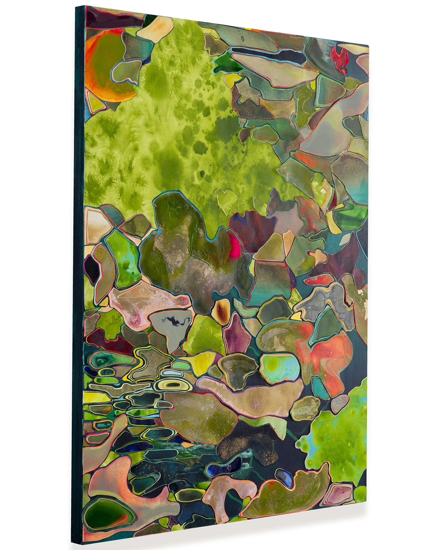 Title: Moonstones
Date: 2026
Dimensions: 40”x30”
Medium: hand painted, hand cut paper collage on wood panel
Price: $7000