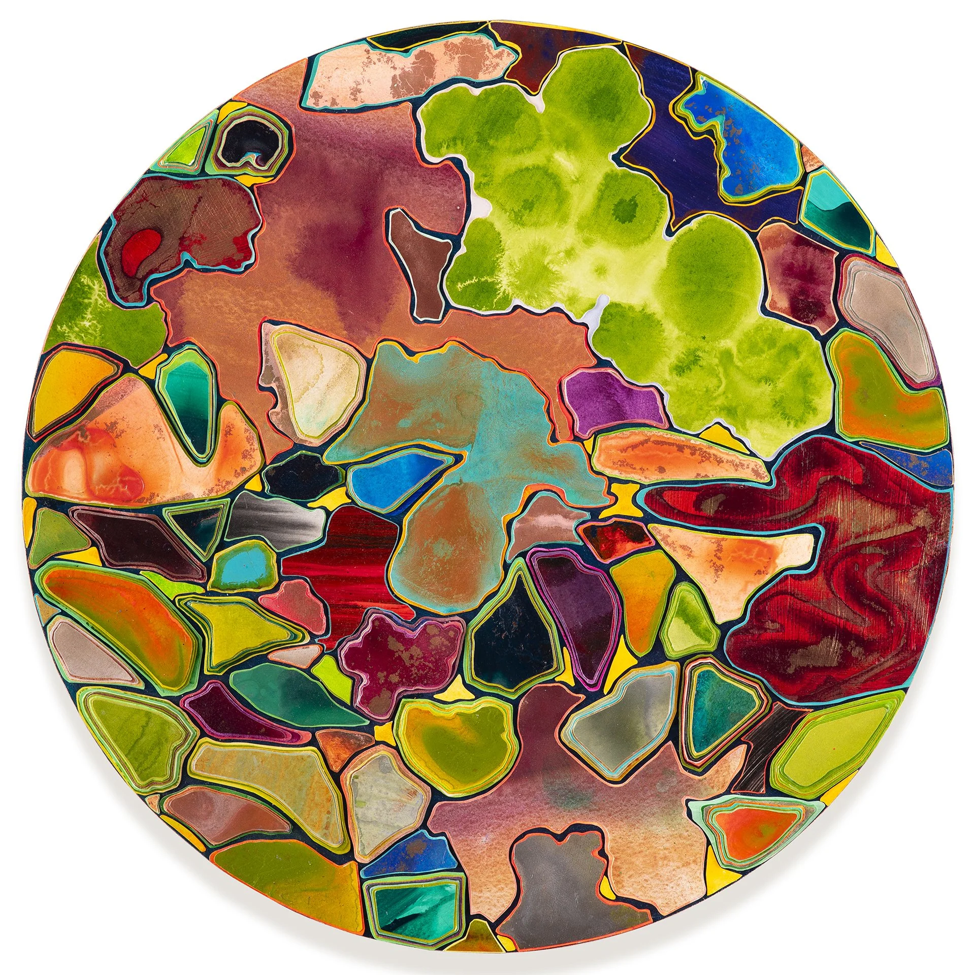 Title: Open Green
Date: 2025
Dimensions: 24” round
Medium: hand painted, hand cut paper collage on wood panel
Price: $3500