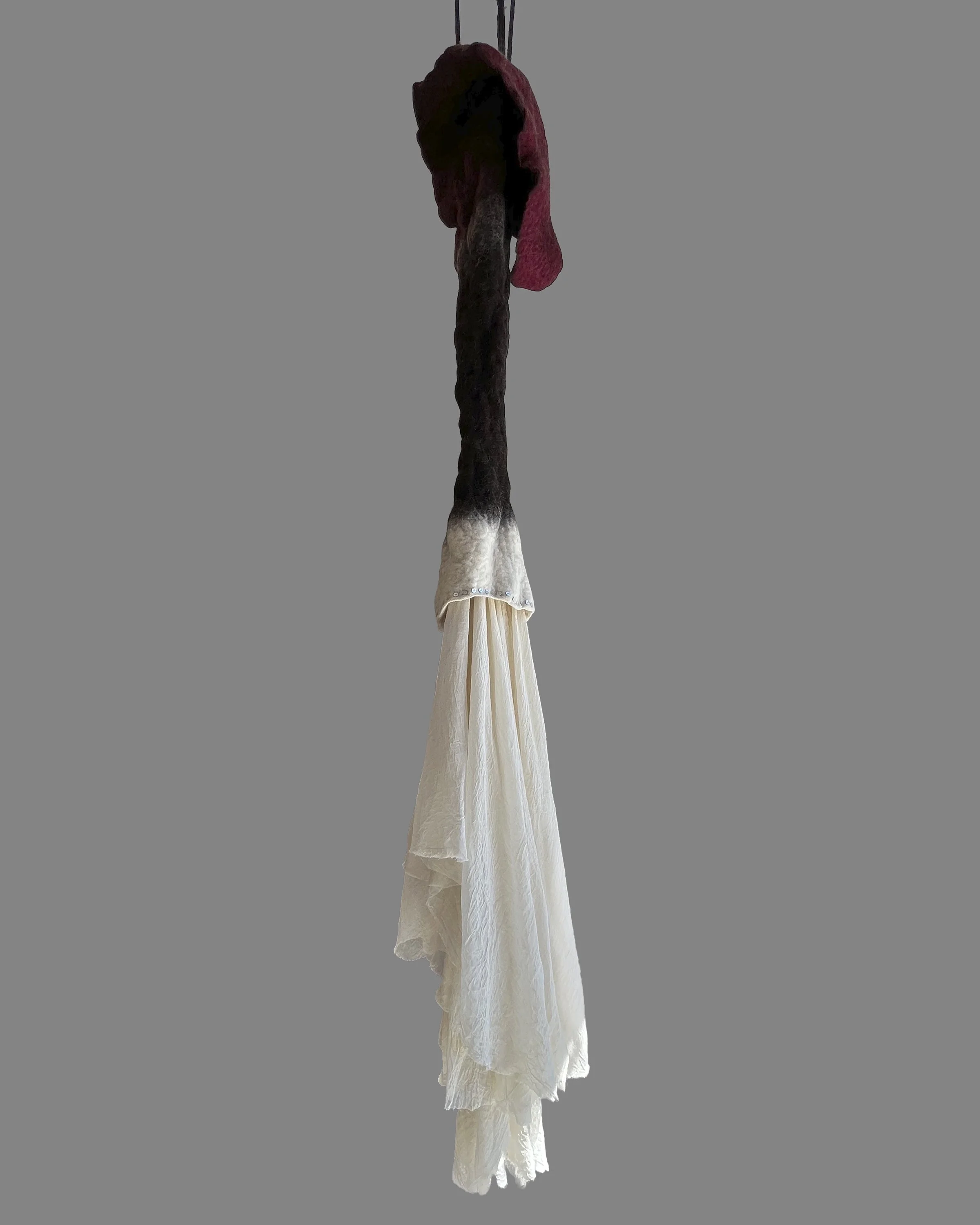 Ancestors, Svelte 2021  8’ x 15”d, Wool, cheesecloth, silk thread, shell buttons, sticks  Dyes: Cochineal, $5,800