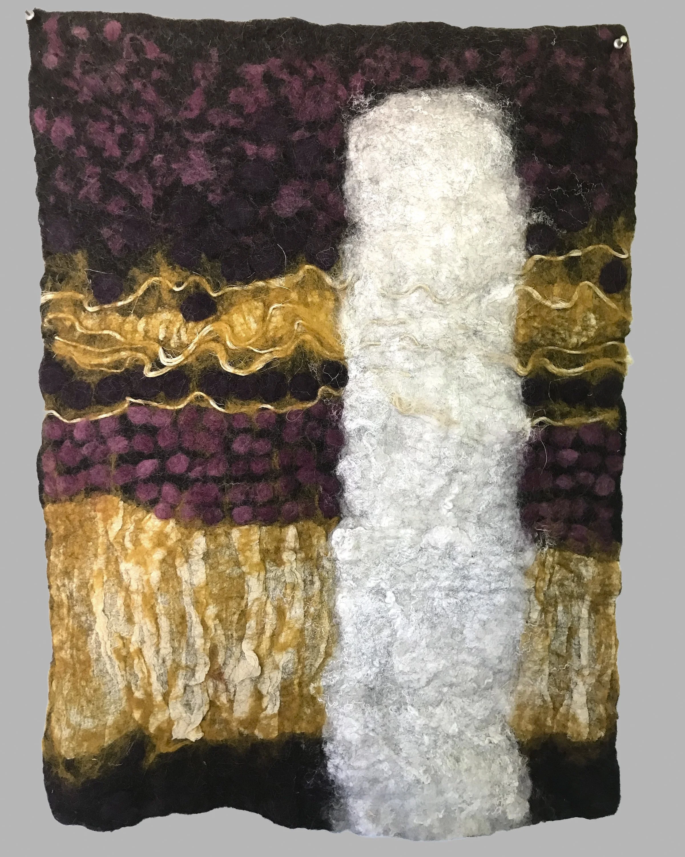Menhir  2023  2’8” x 2’  Wool, silk, sisal twine, cheesecloth; Cochineal & Marigold dyes  $1,400,