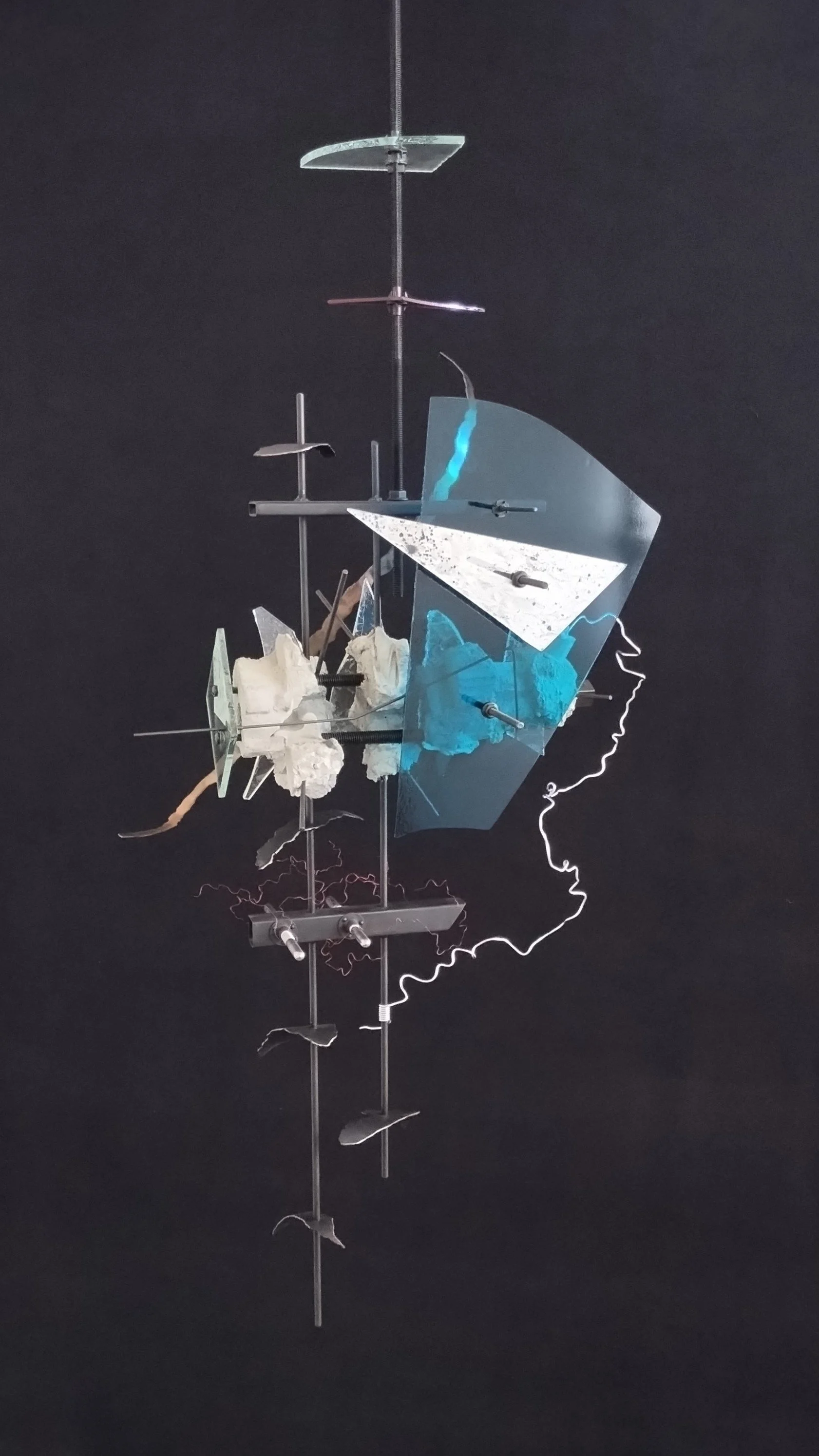 Danny Rosales, Suspended Composition with Azure, 2026, concrete, glass and metal, 60x18x18", $2,800
