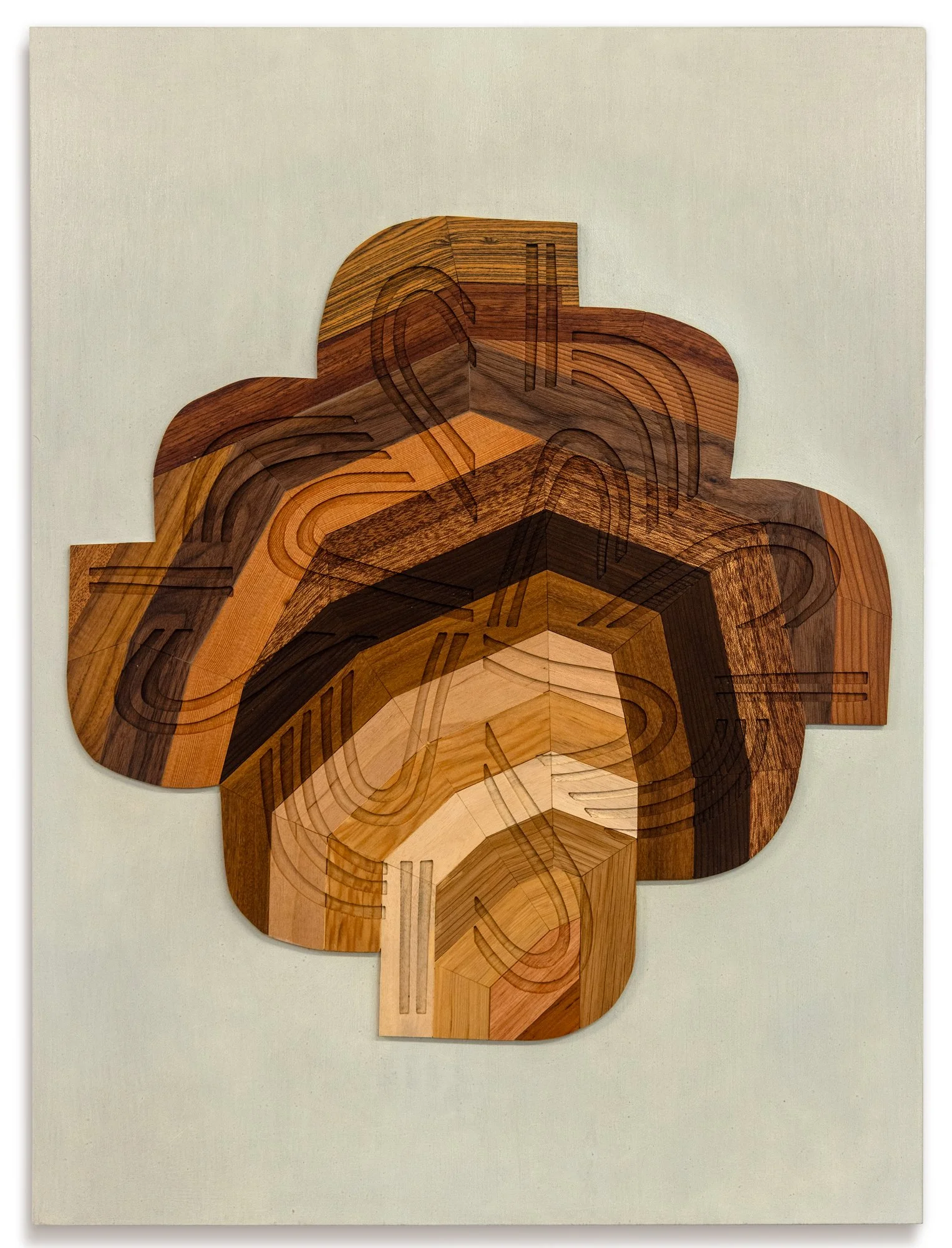 Gentleness #3, 2026, 22 x 30 in
Salvaged wood (tigerwood, bubinga, teak, walnut, sapele, redwood, ash, Douglas fir, maple, oak) and oil on wood panel
$3000