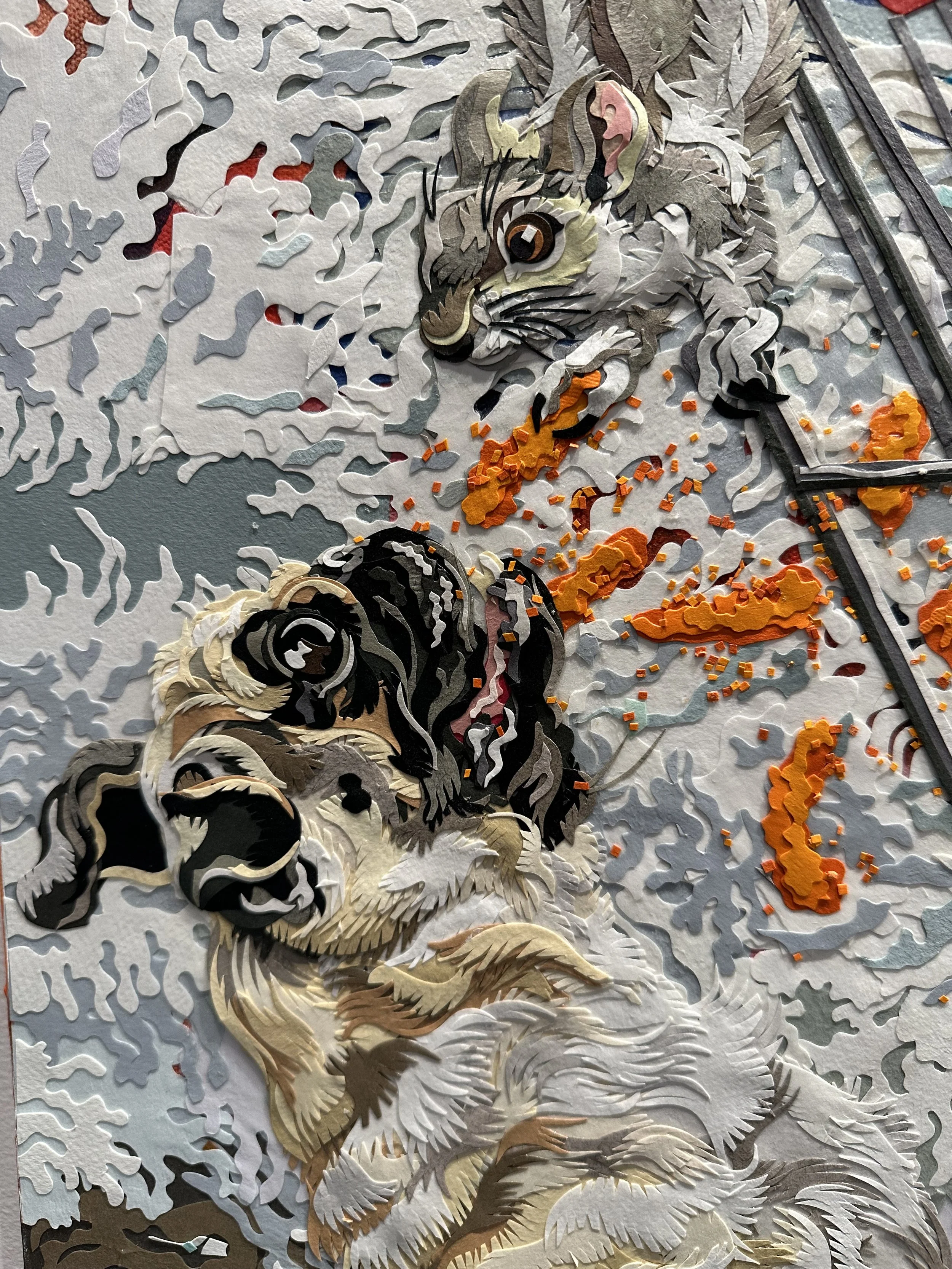 "Birth of Raccoon,' 72X48in, handout paper and gel medium on canvas, 2022, DETAIL.