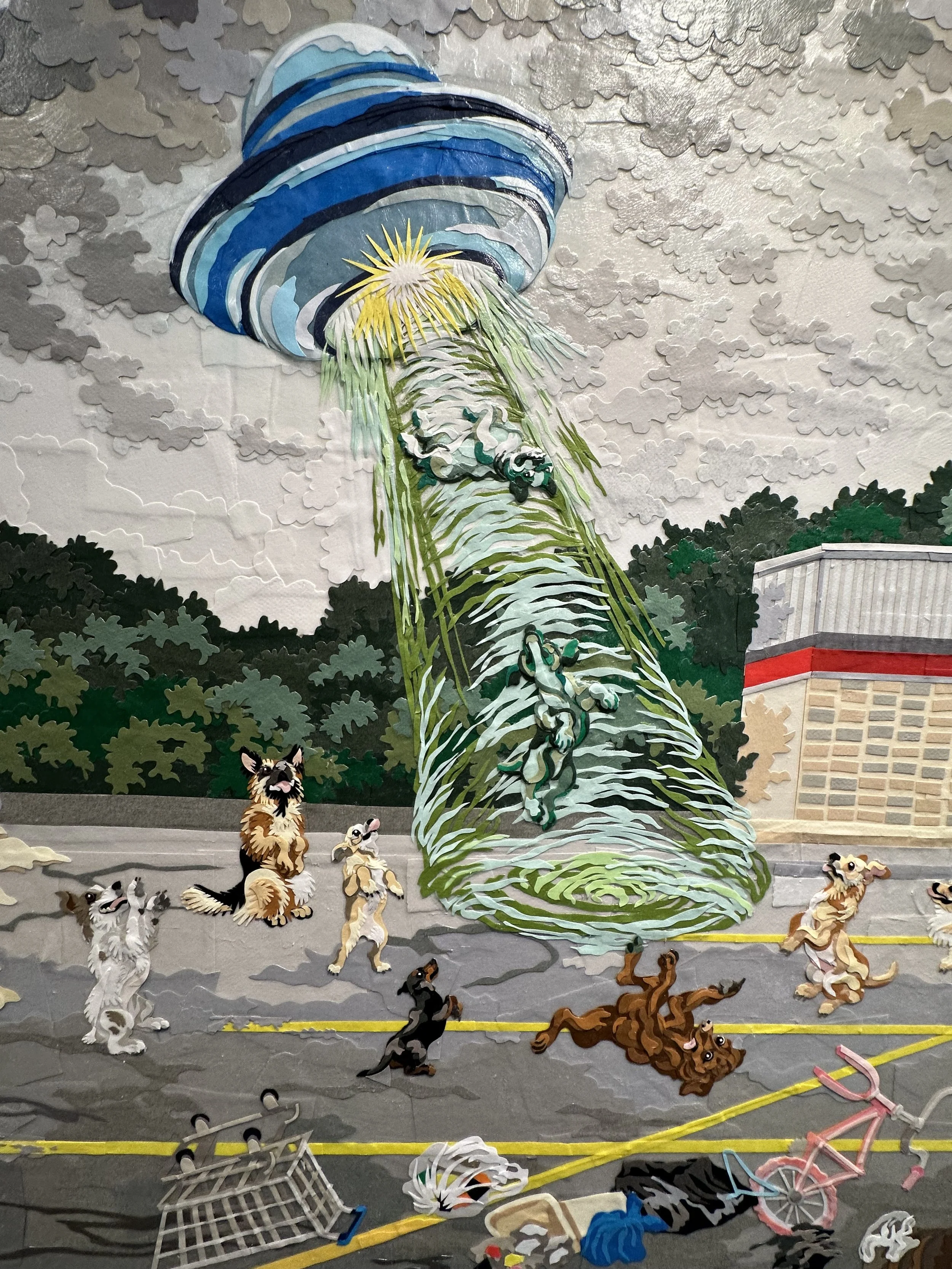 "Parking Lot," 48x108in, handout paper and gel medium on wood panels, 2018, DETAIL.