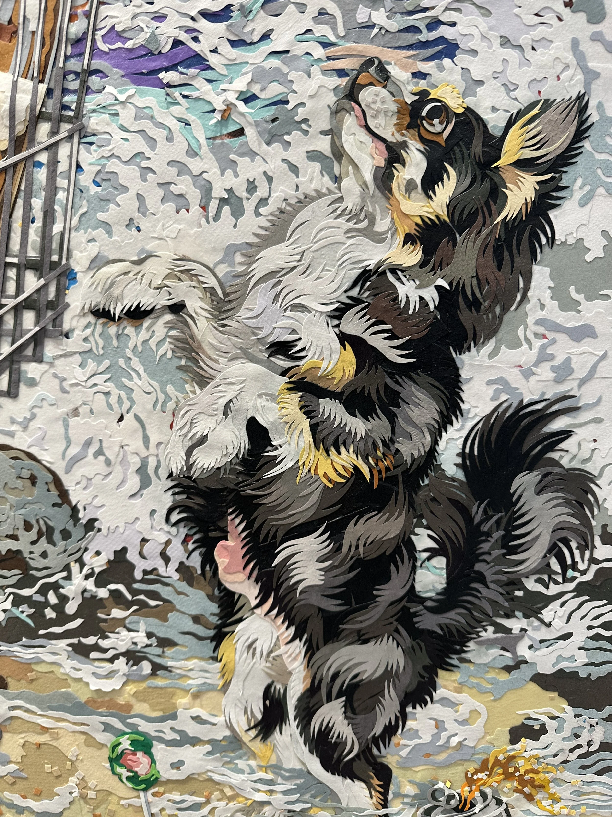 "Birth of Raccoon,' 72X48in, handout paper and gel medium on canvas, 2022, DETAIL.