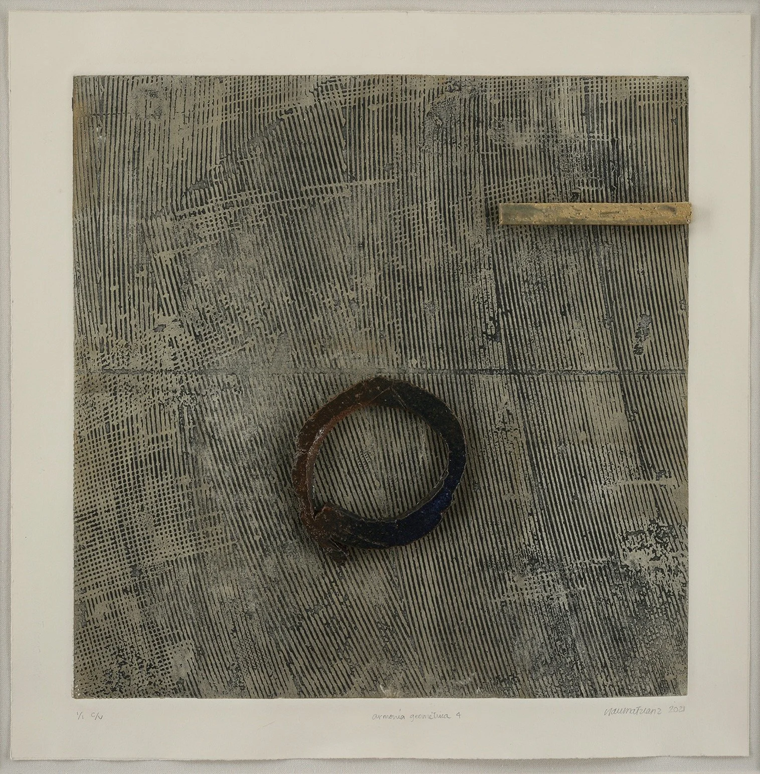 Armoníageométrica 4 (Geometric Harmony4) (1/1), 2021, Monotype (linocut, chinecolléand high-temperatureceramics collage on
paper), 21x21in
Framed 29.5x29.5in
$2,100.00