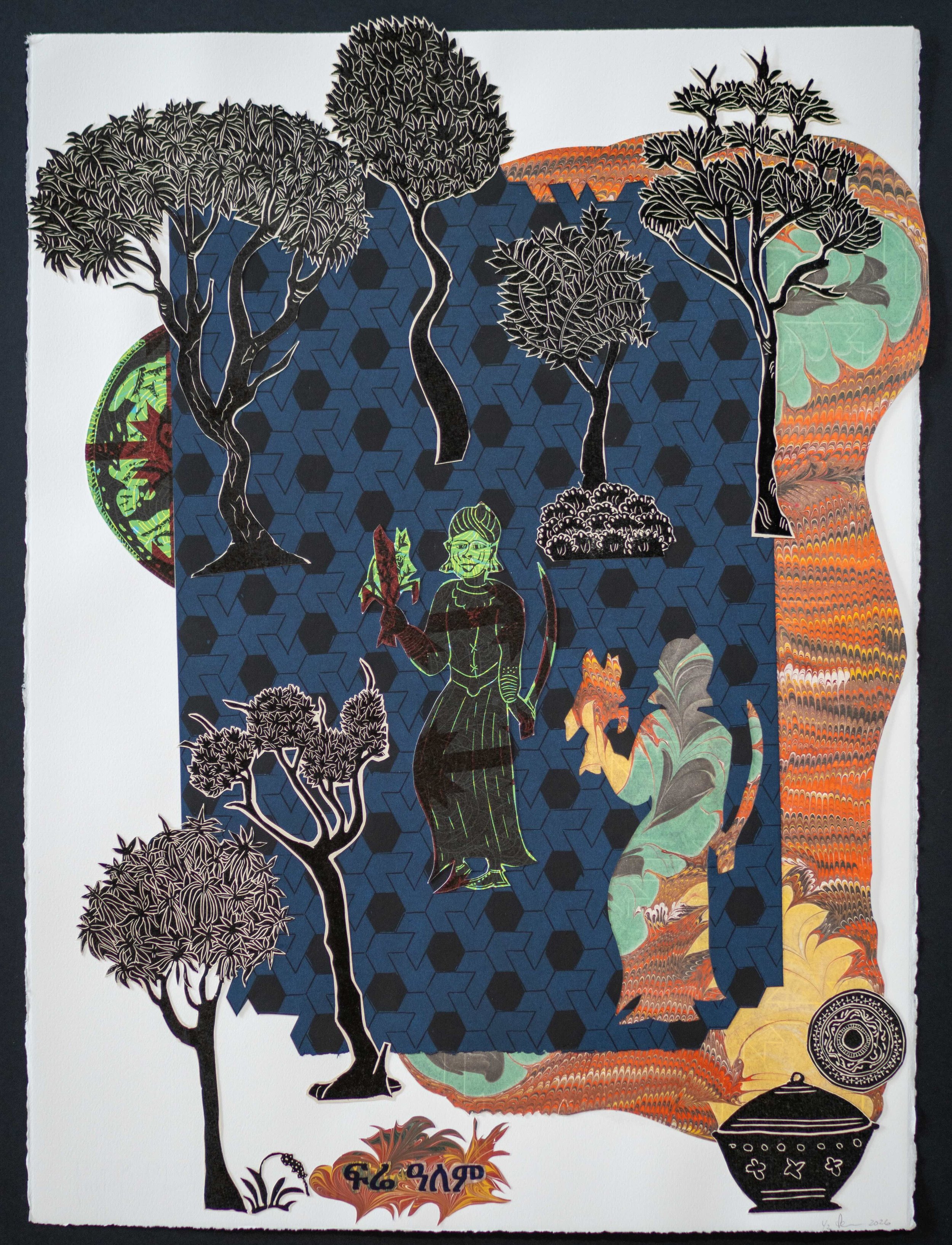 Fere Alem, Foragers, 2 x 30 inches
Material: Lino cuts on letter press and French press prints on wasli paper and/or Rives Black and White papers, and hand marbled papers
