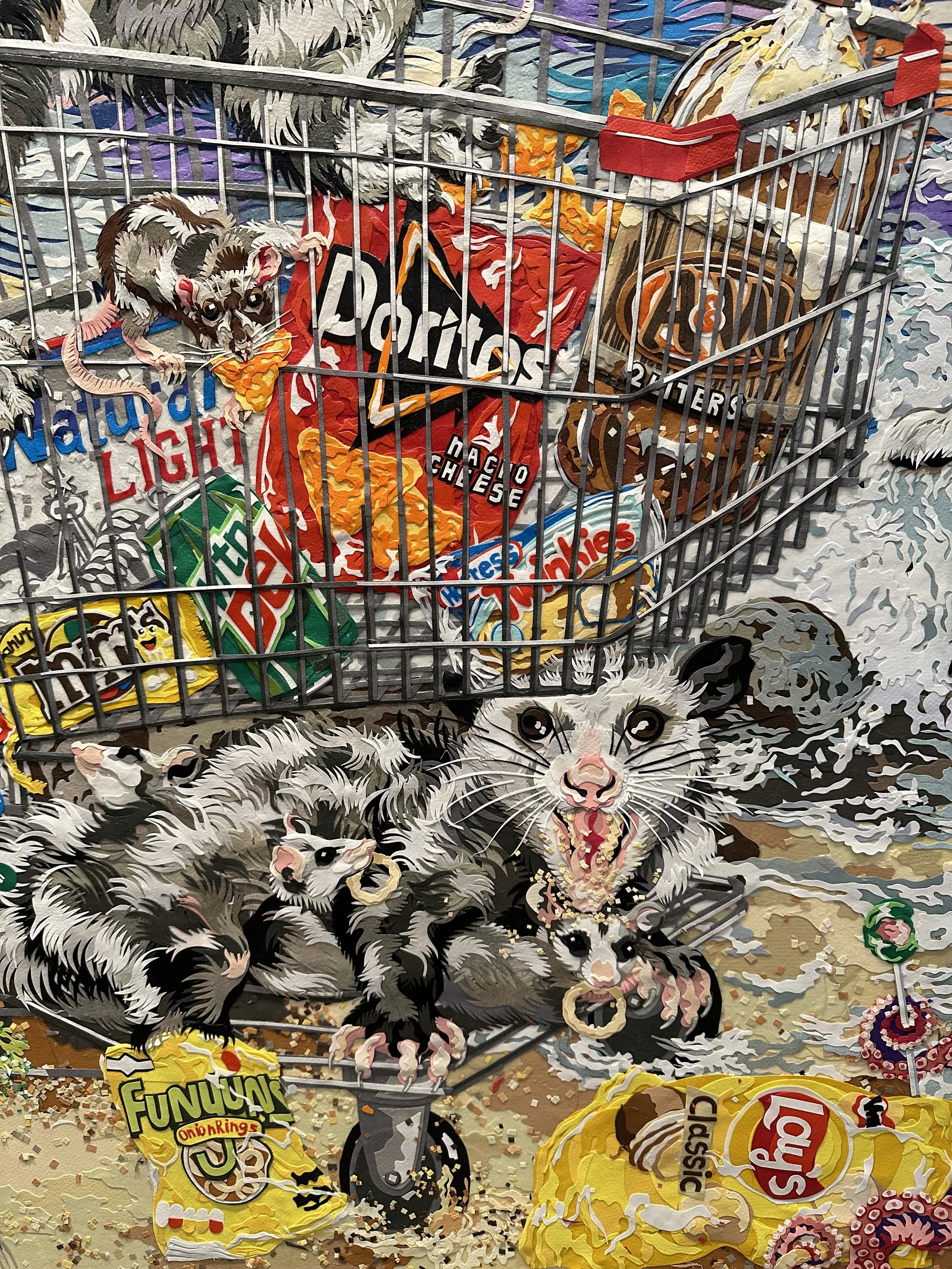 "Birth of Raccoon,' 72X48in, handout paper and gel medium on canvas, 2022, DETAIL.