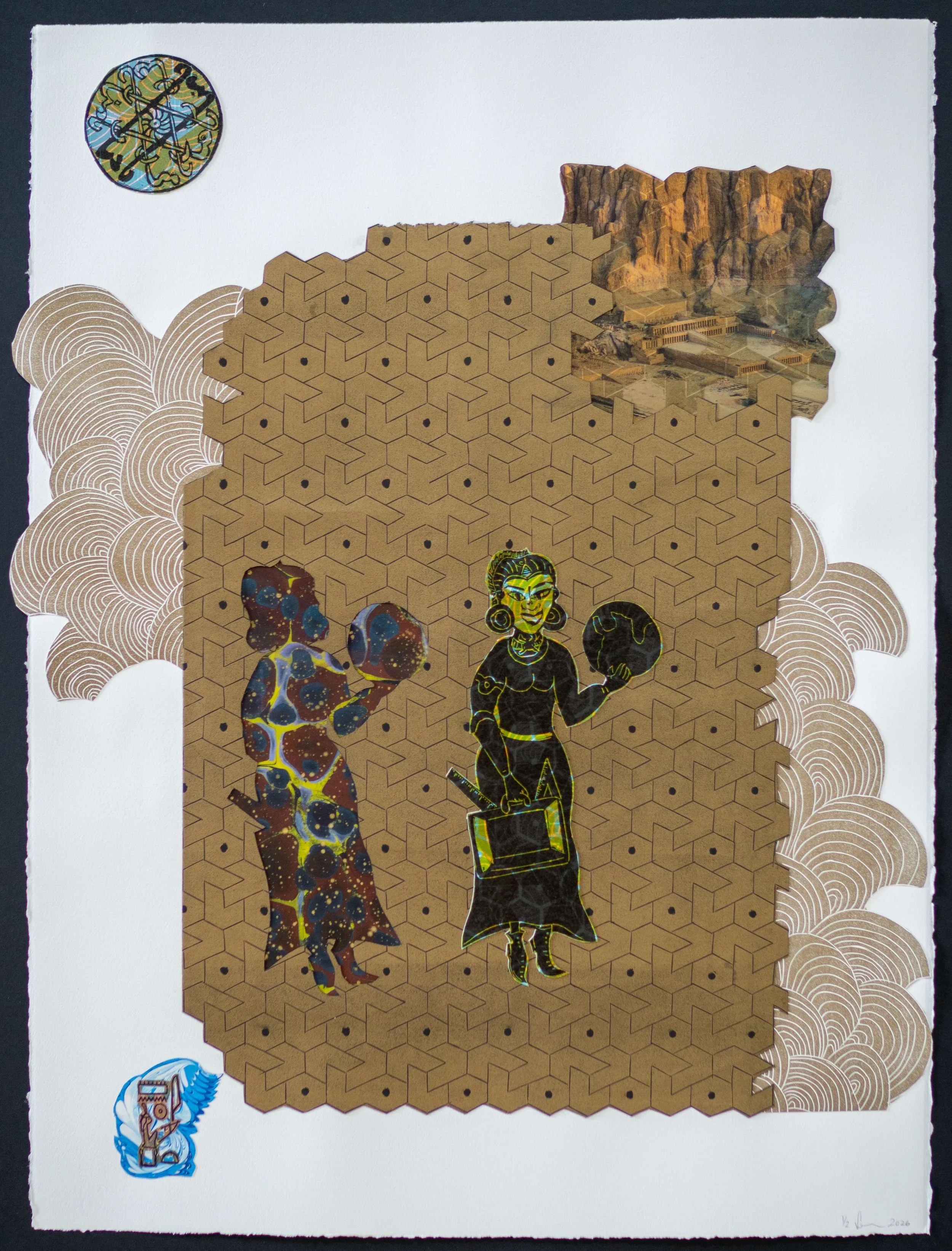Hatshepsut, Professionals, 2 x 30 inches, Material: Lino cuts on letter press and French press prints on wasli paper and/or Rives Black and White papers, and hand marbled papers
