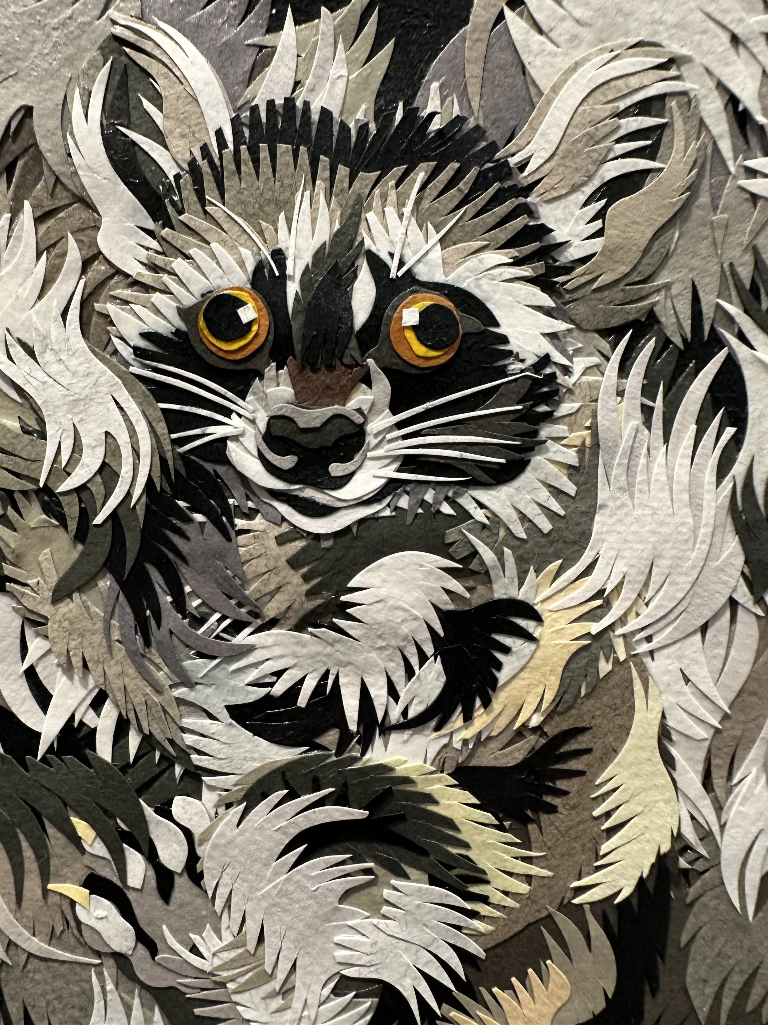 "Birth of Raccoon,' 72X48in, handout paper and gel medium on canvas, 2022, DETAIL.