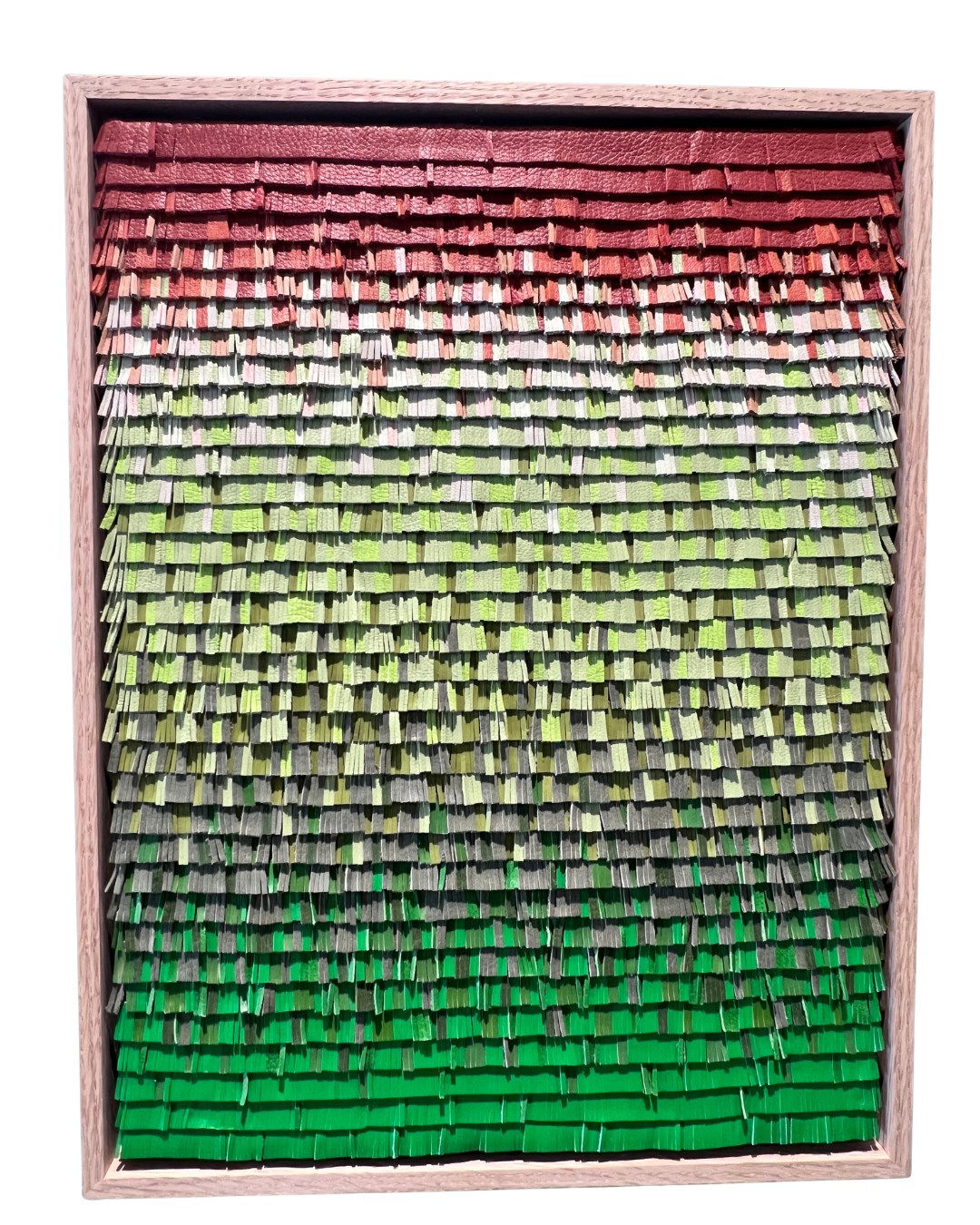 Cécilia Lusven, Gradient - Grass to Dark Red, 2024, 15x11 inches, Handwoven from linen and off-cut leathers
SOLD