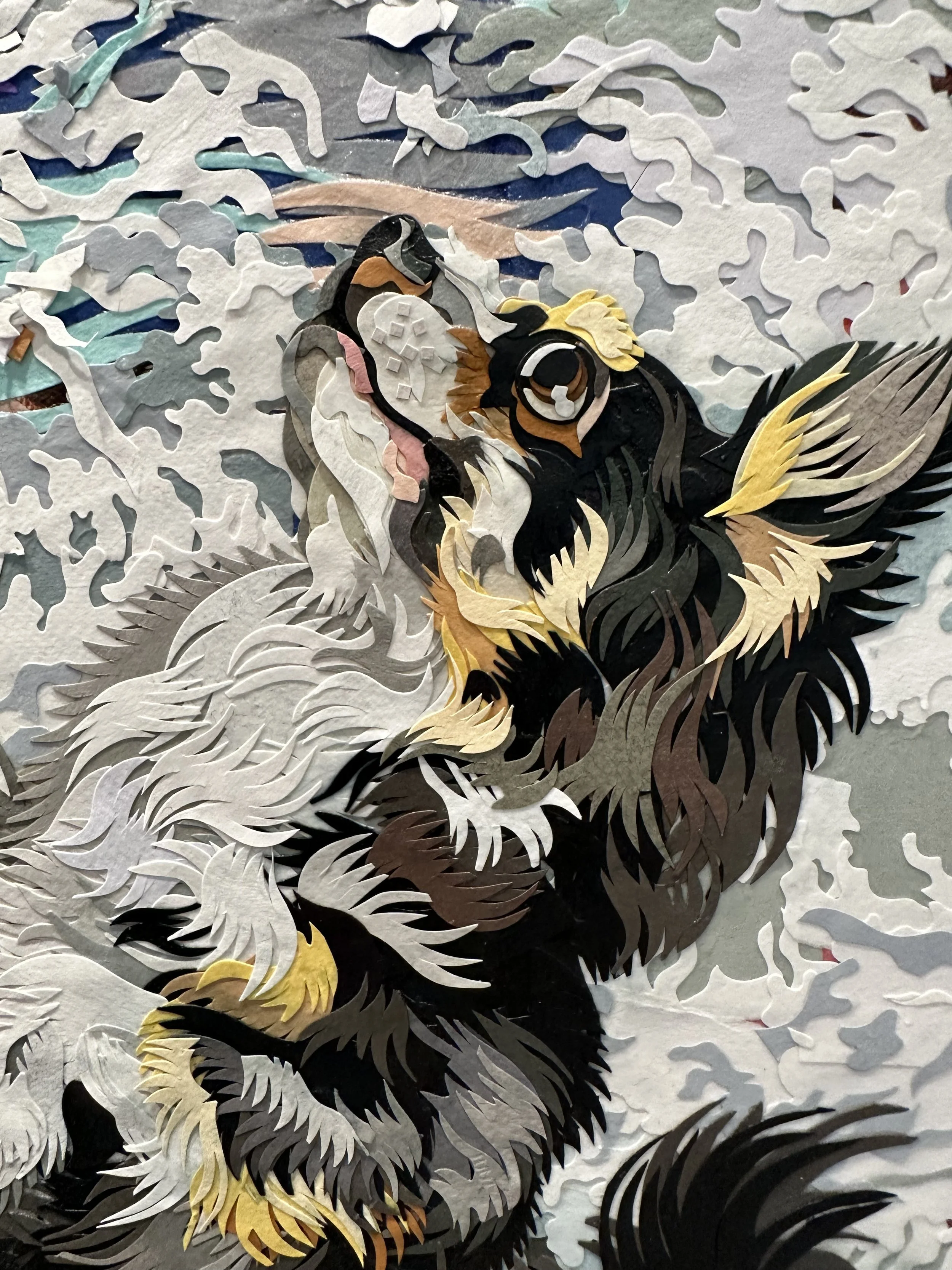 "Birth of Raccoon,' 72X48in, handout paper and gel medium on canvas, 2022, DETAIL.