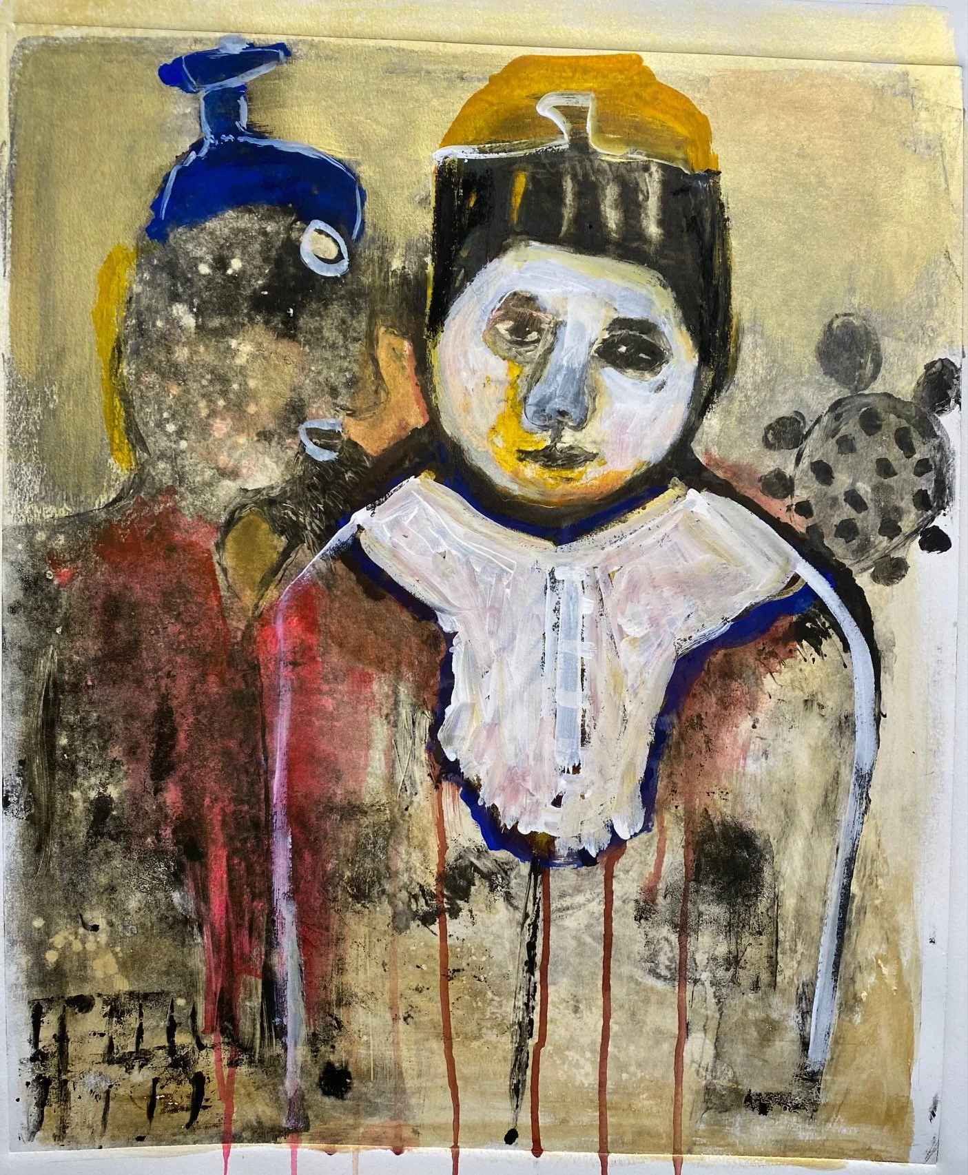 Figure with Hat and Gold, 2024, Mixed Media with Paper, 30 x 22"