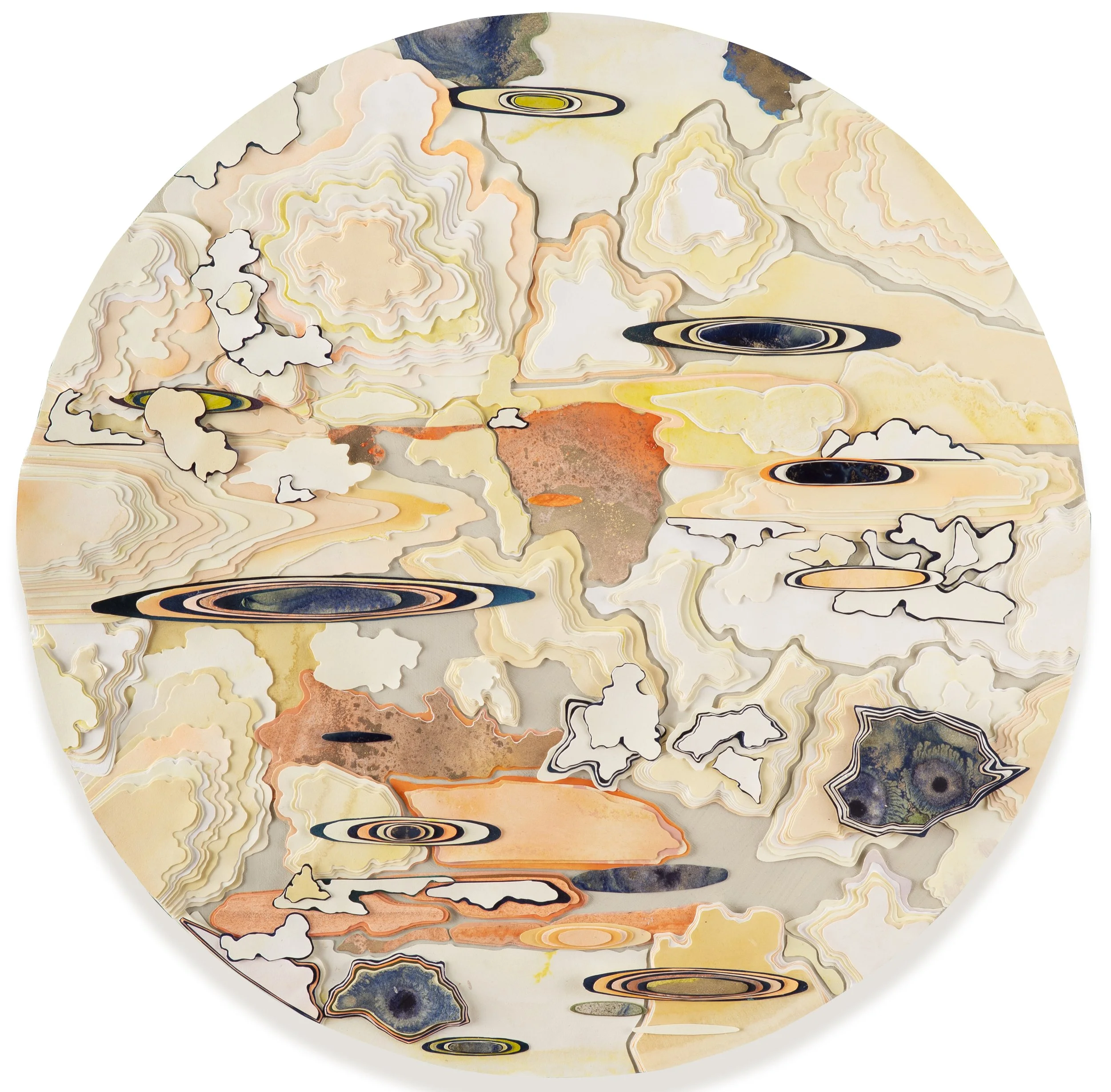 Title: The Rapture
Date: 2026
Dimensions: 24” round
Medium: hand painted, hand cut paper collage on wood panel
Price: $4000
