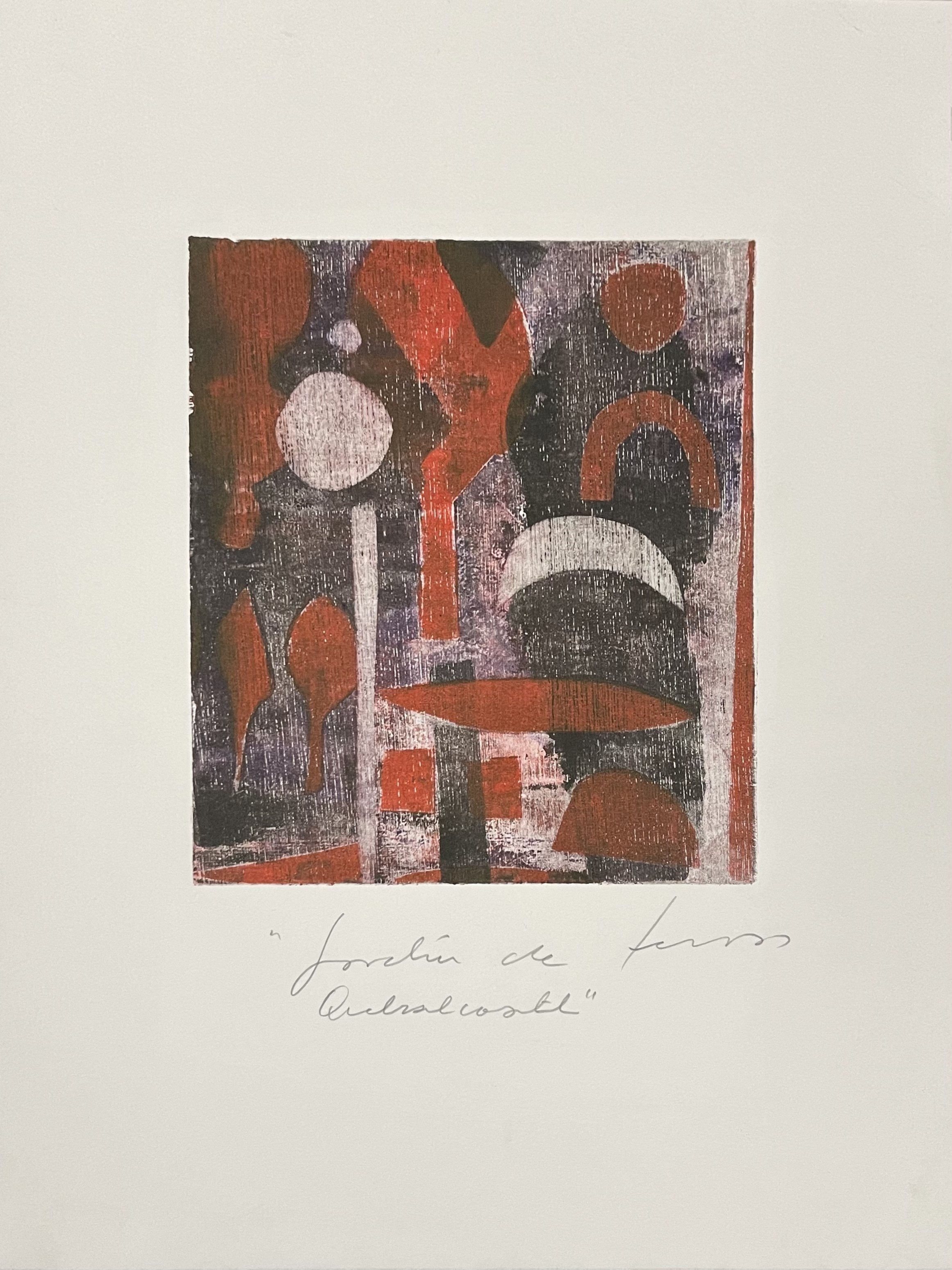 Damian Lescas, Jardin de Quetzalcoatl
(Garden of the Feather Serpent), no date, monotype, 25 x 18in framed, $650