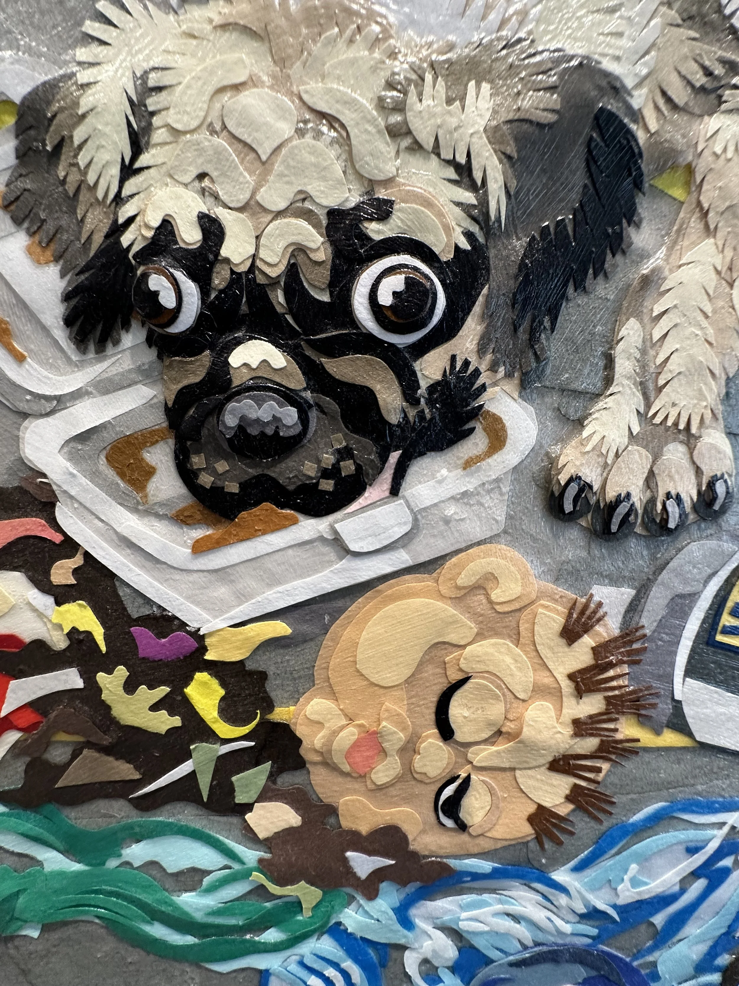 "Parking Lot," 48x108in, handout paper and gel medium on wood panels, 2018, DETAIL.