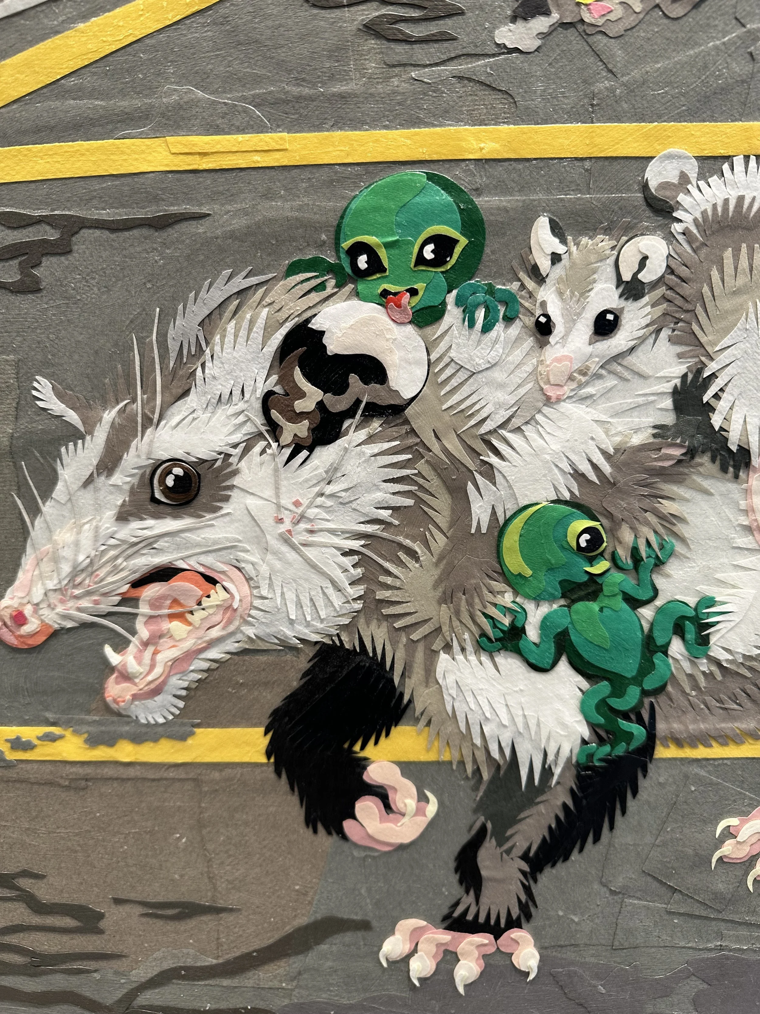 "Parking Lot," 48x108in, handout paper and gel medium on wood panels, 2018, DETAIL.