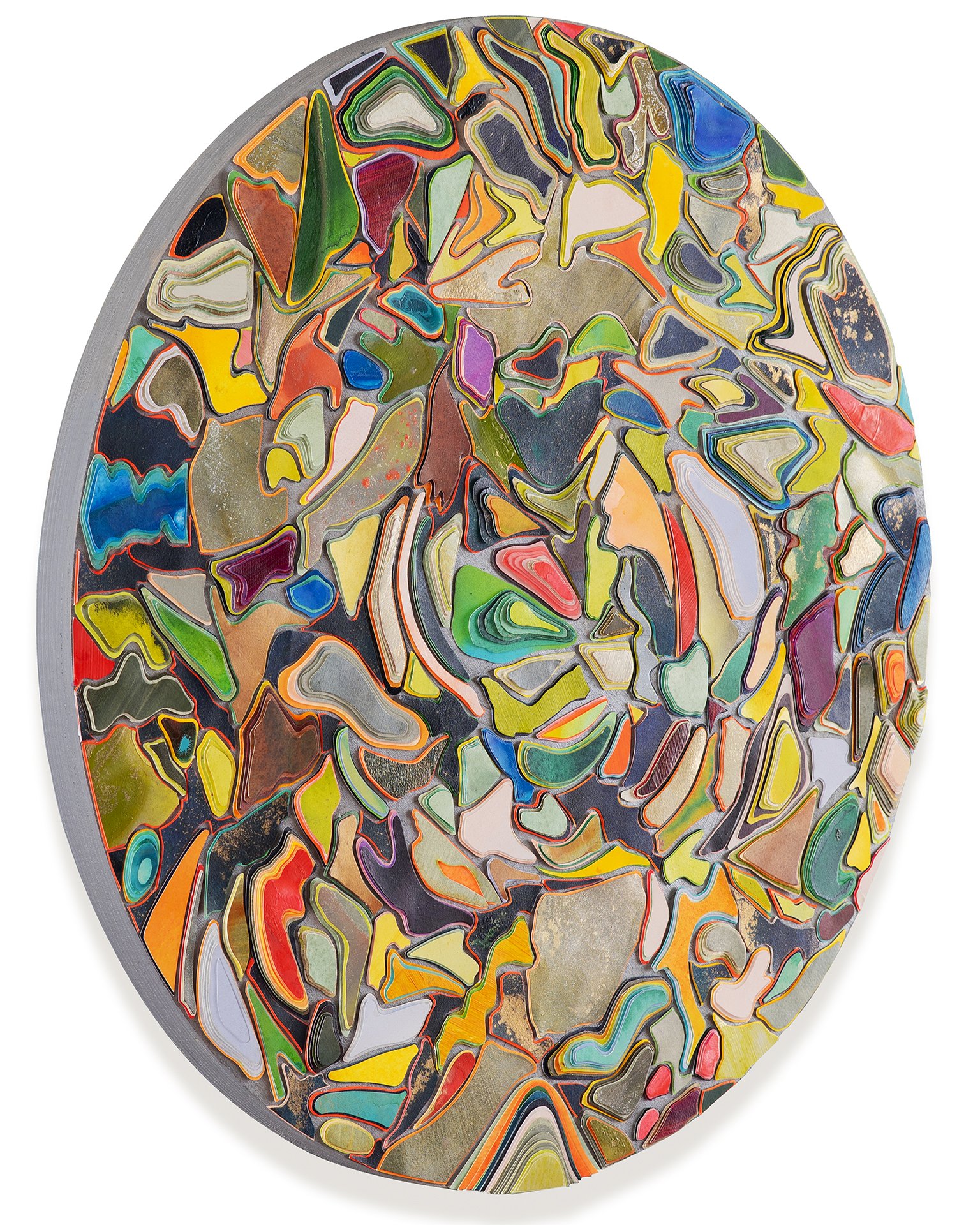 Title: Cosmic Metabolism
Date: 2026
Dimensions: 24” round
Medium:hand painted, hand cut paper collage on wood panel
Price: $4500