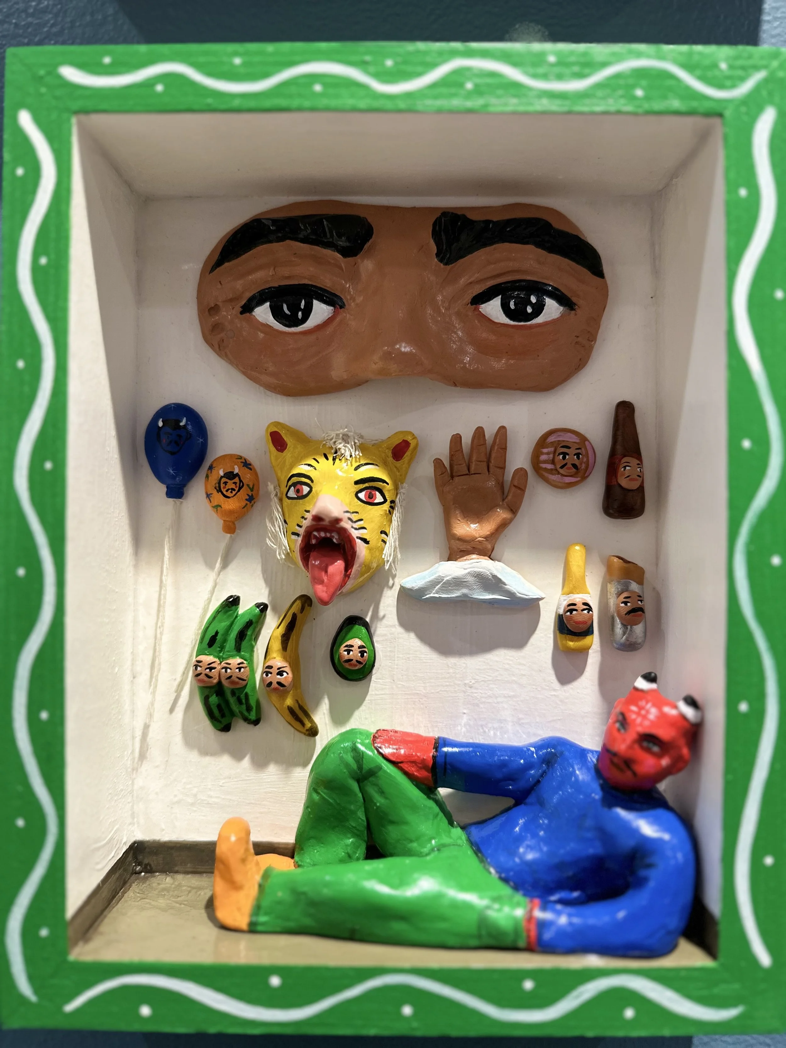 Self Portrait in Studio, 2024, Polymer Clay, Wood, Acrylic, 8 x 10 x 2