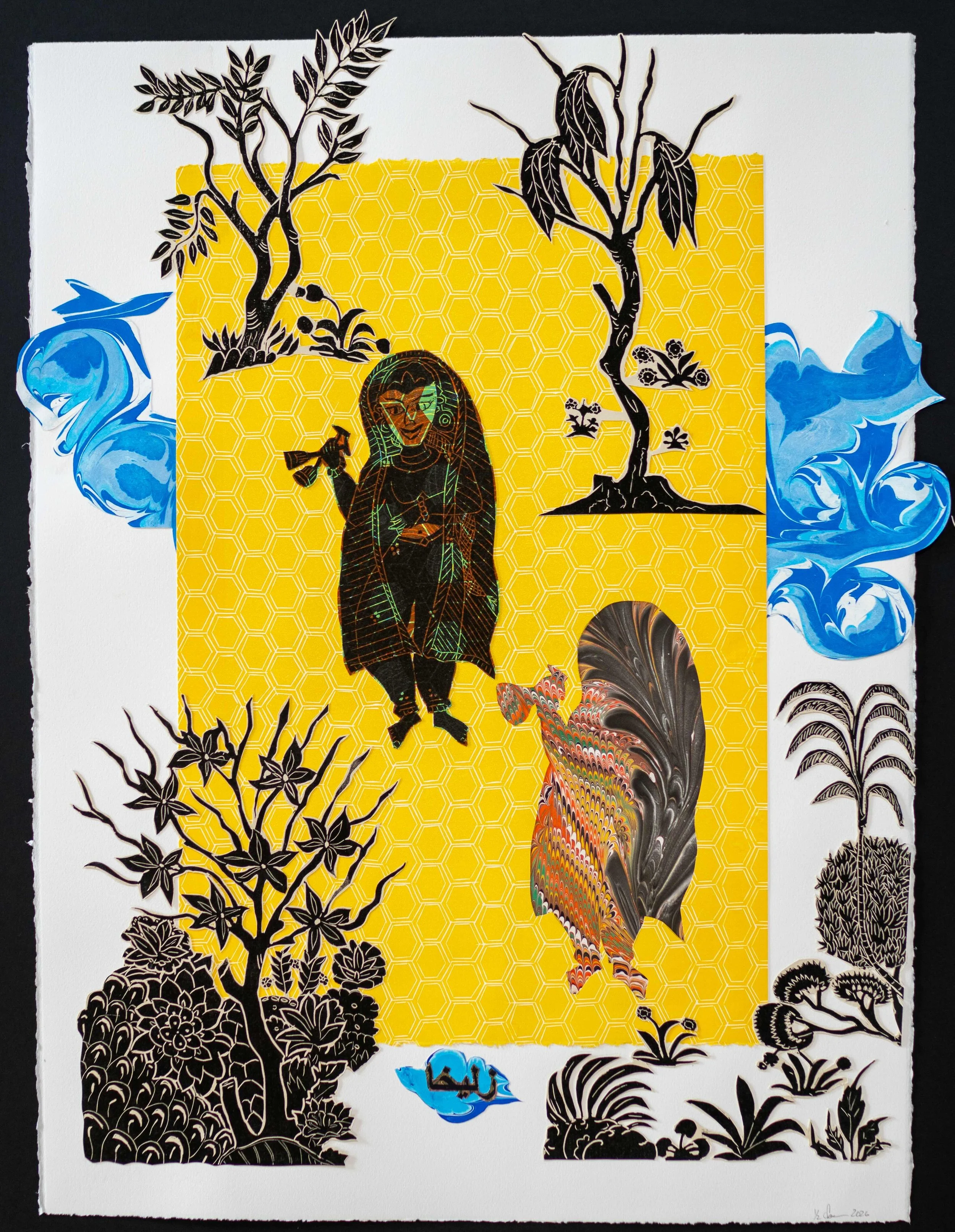 Zuleikha, Revelers, 2 x 30 inches, Material: Lino cuts on letter press and French press prints on wasli paper and/or Rives Black and White papers, and hand marbled papers
