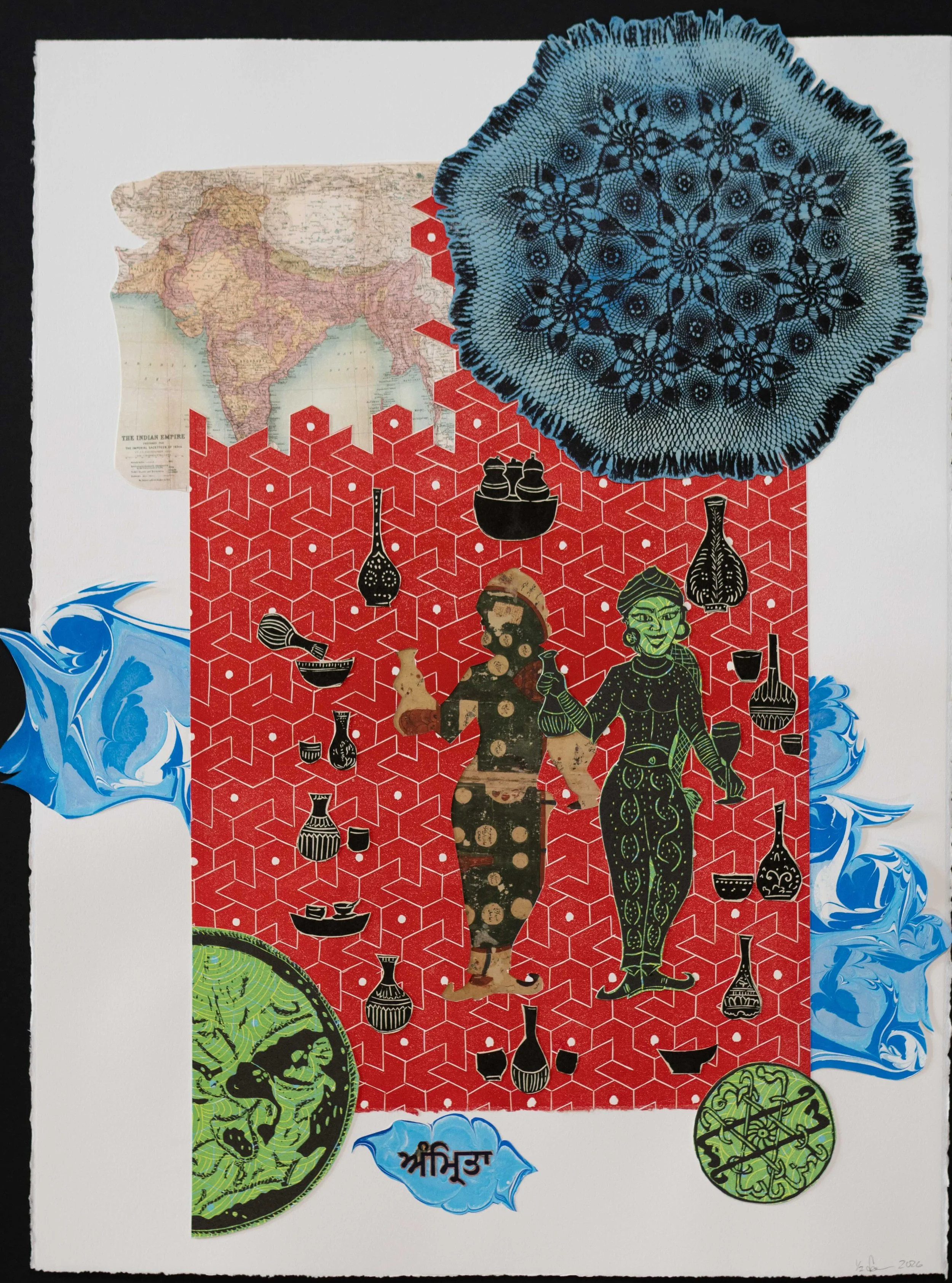 Amrita, Revelers, 2 x 30 inches, Material: Lino cuts on letter press and French press prints on wasli paper and/or Rives Black and White papers, and hand marbled papers
