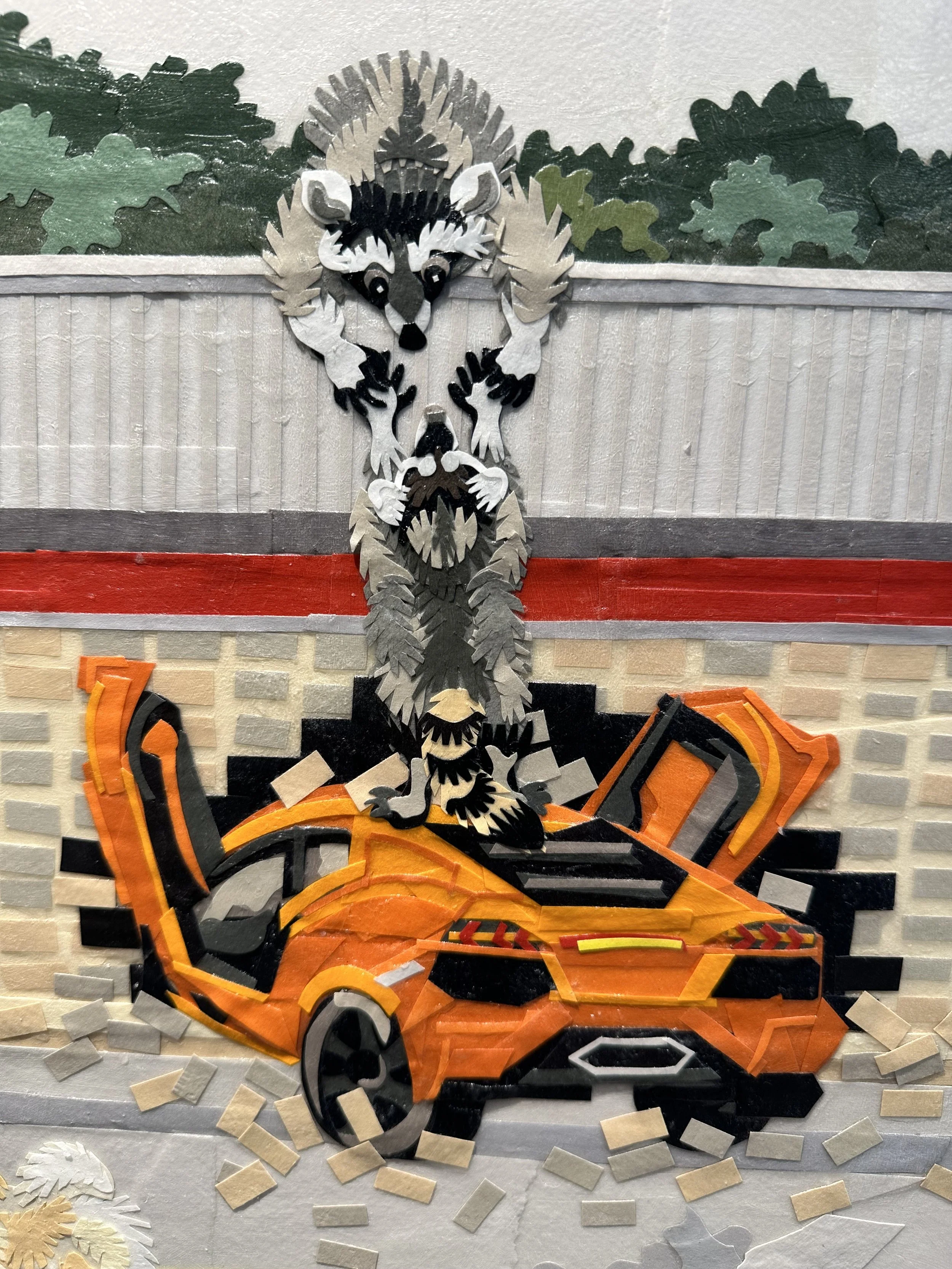 "Parking Lot," 48x108in, handout paper and gel medium on wood panels, 2018, DETAIL.