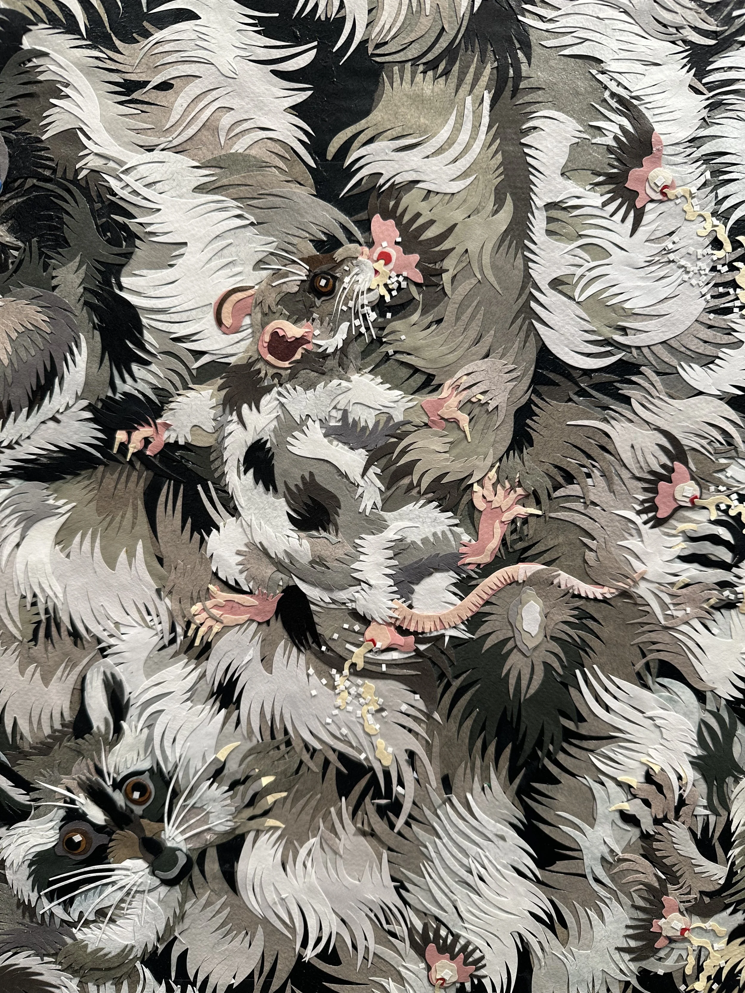 "Birth of Raccoon,' 72X48in, handout paper and gel medium on canvas, 2022, DETAIL.