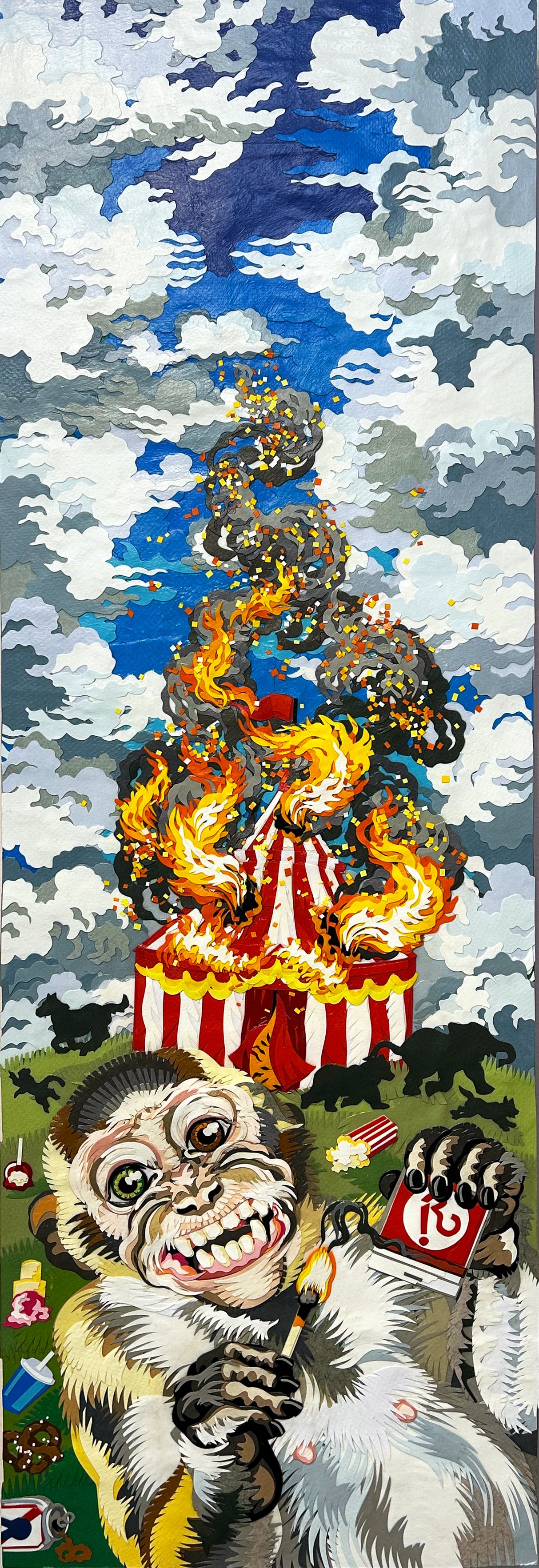 "Pyro," 30x10", hand cut paper and gel medium on wood panel, 2025