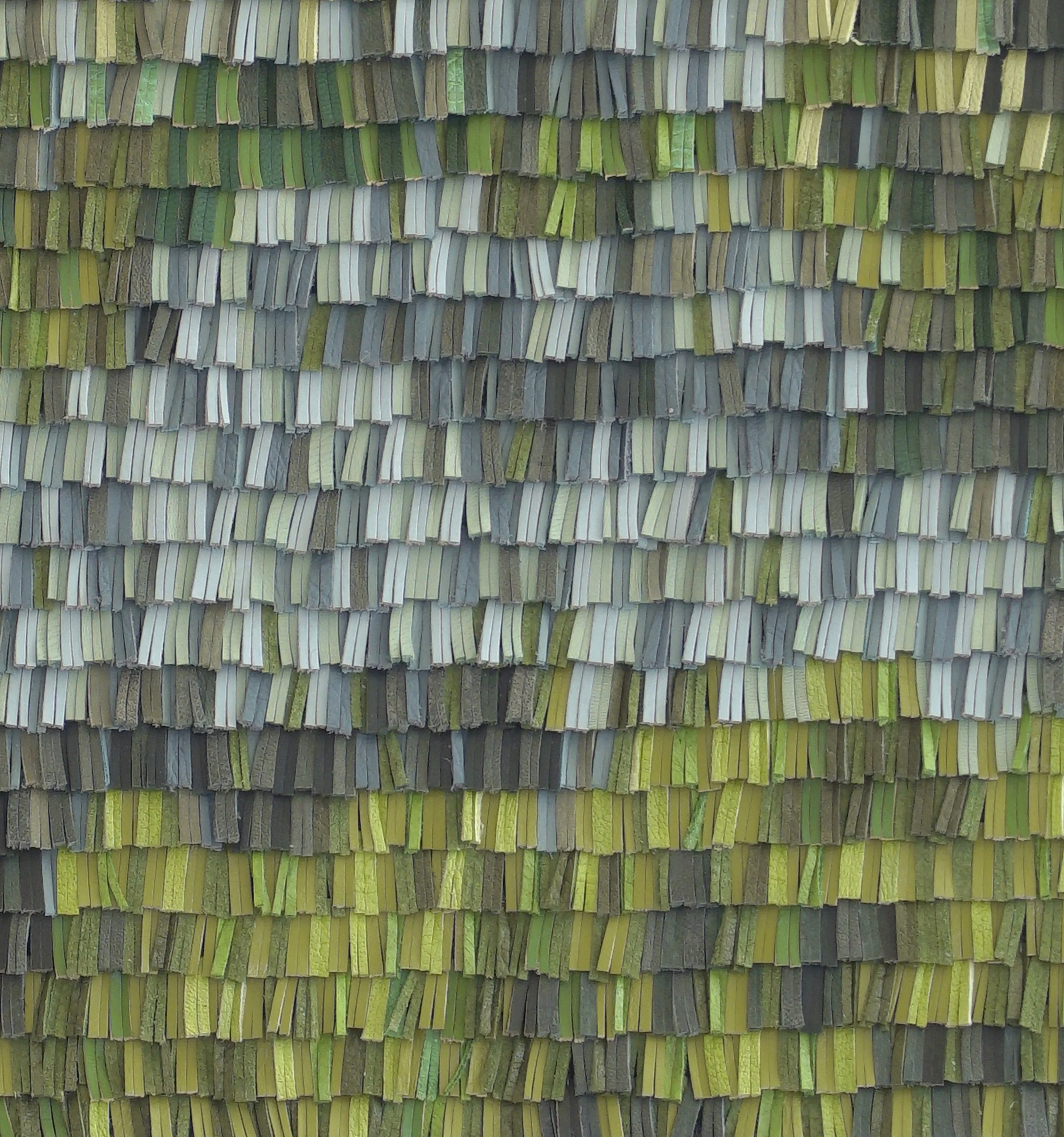 I’ve dreamed in colors 3,  2024, 22 1/4 x 8 3/4 inches, Handwoven off cut leather on canvas, framed