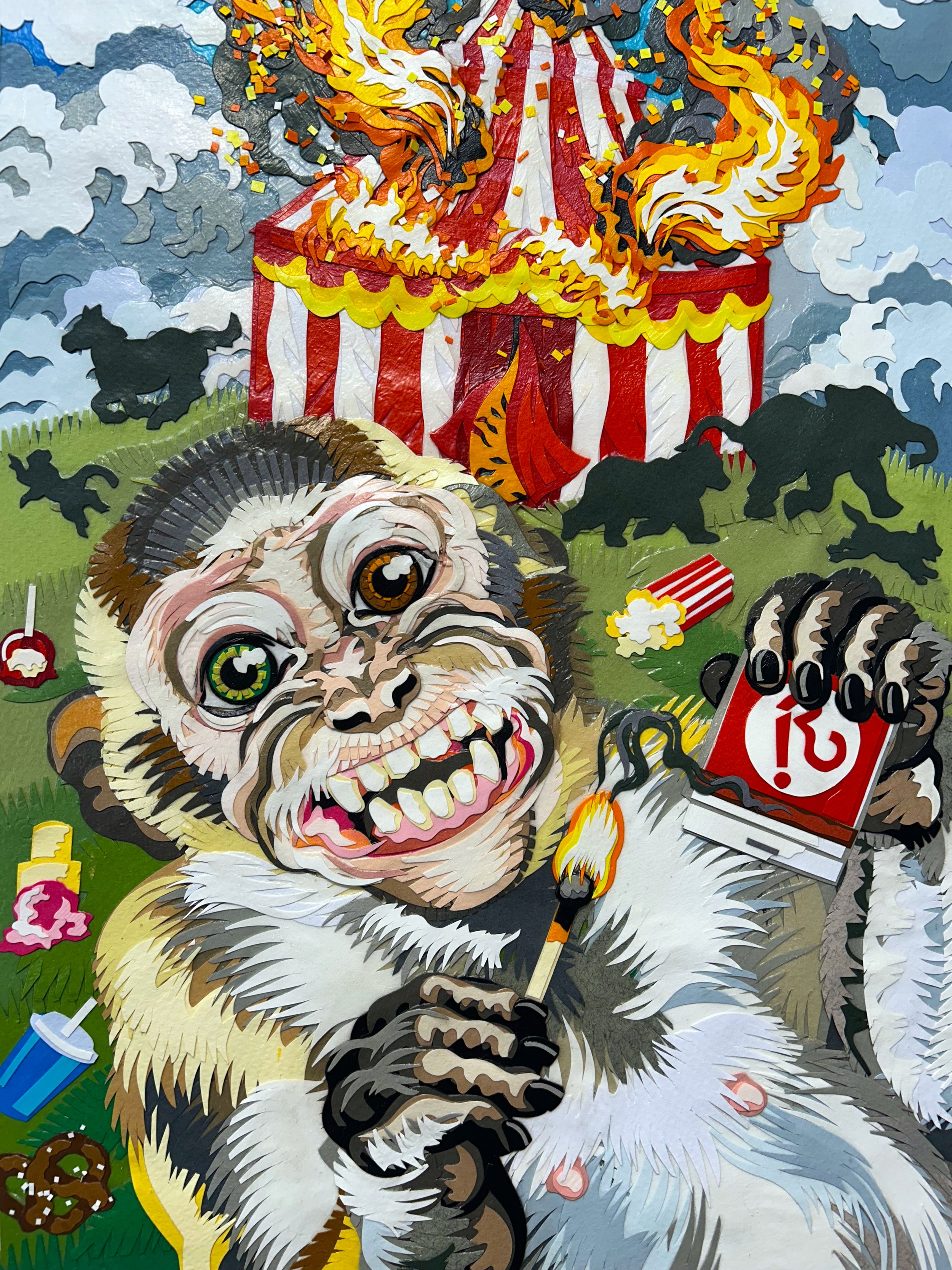 "Pyro," 30x10", hand cut paper and gel medium on wood panel, 2025