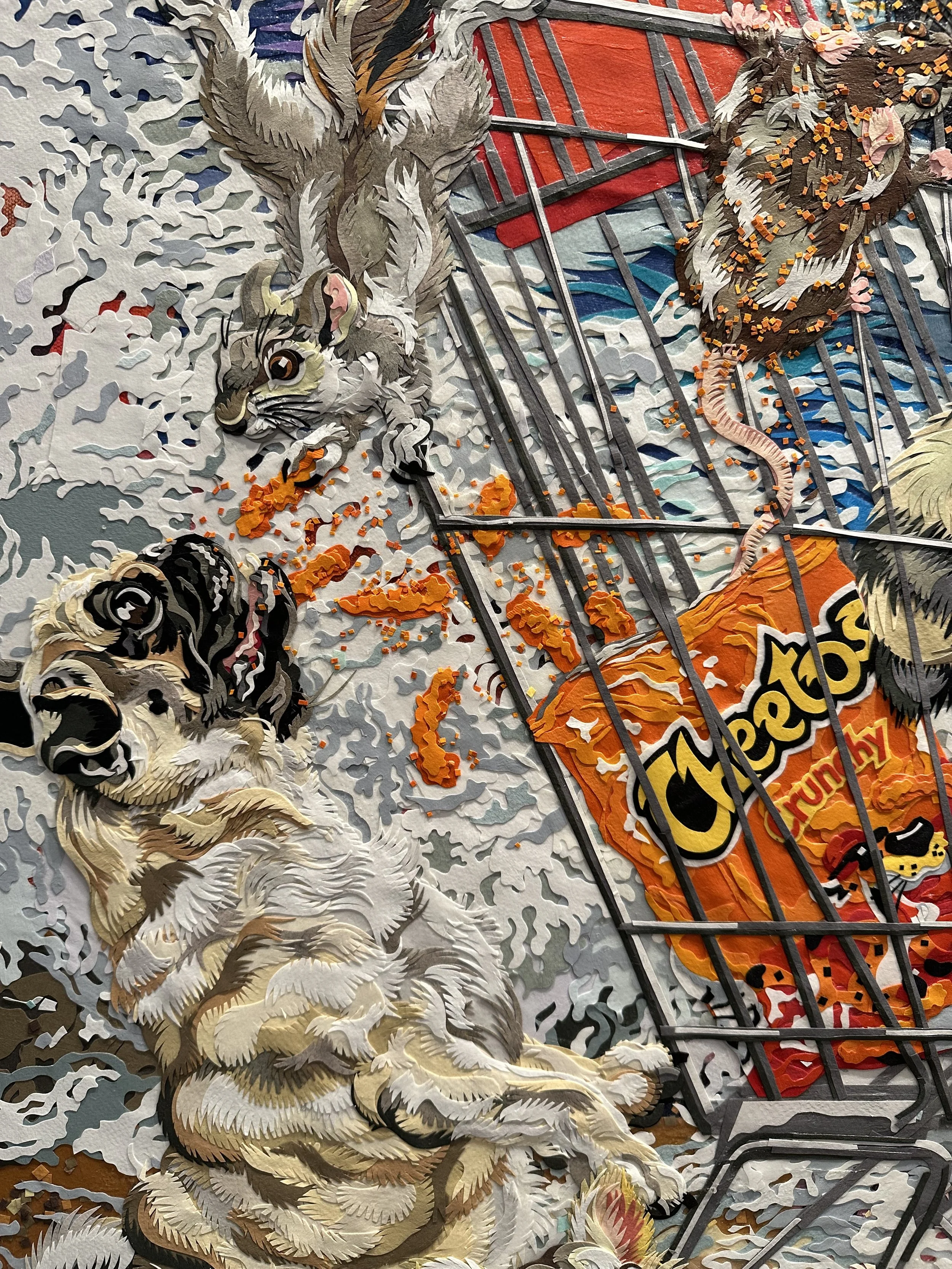 "Birth of Raccoon,' 72X48in, handout paper and gel medium on canvas, 2022, DETAIL.