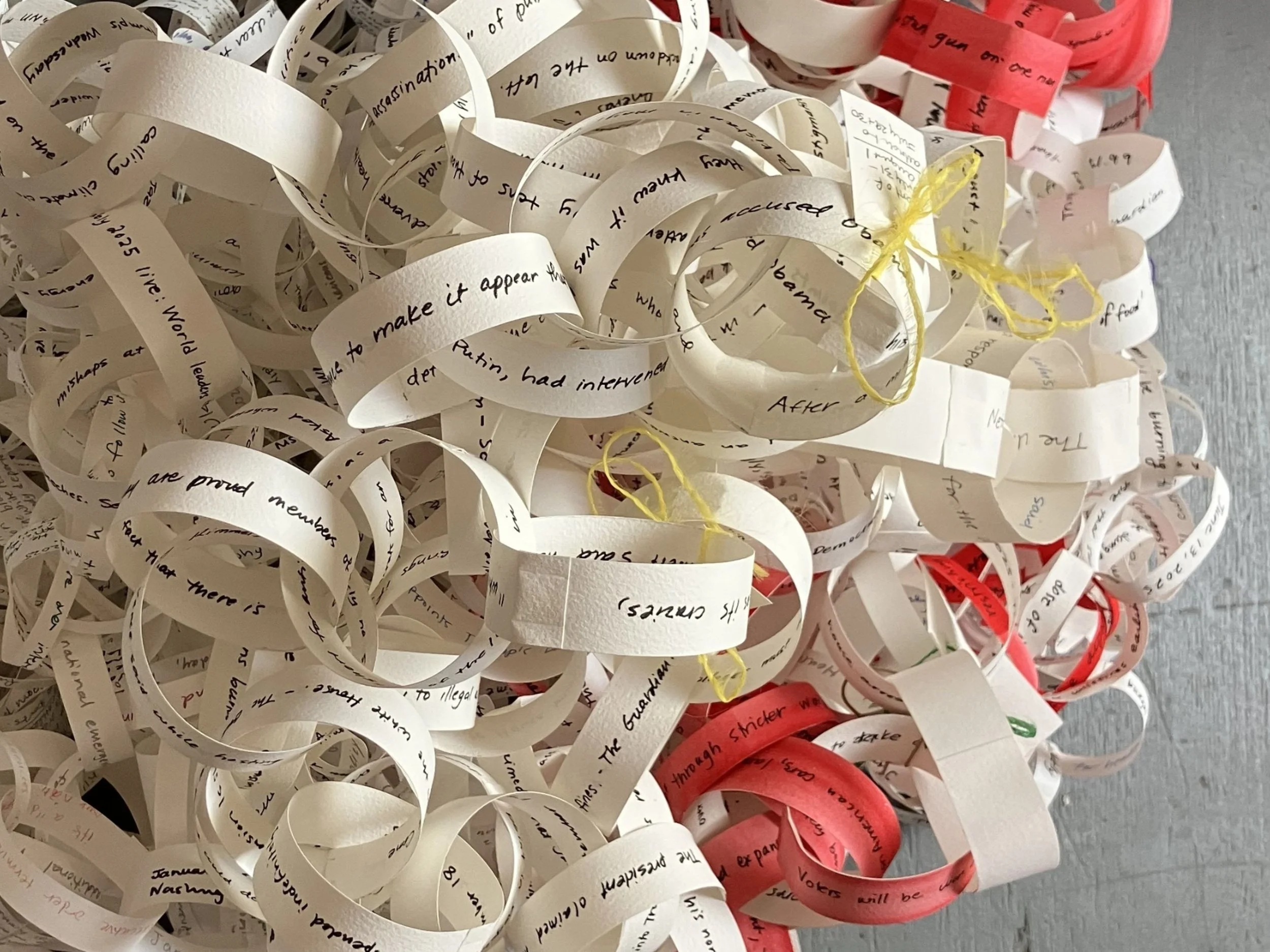 Chain of Lies, 2025-6, Watercolor paper, ink, glue, watercolor, vintage wall sconces, Dimensions variable when installed
Length: 350 feet
T
his piece is composed from Harvey’s process of writing down one lie a day during the first year
of the second 