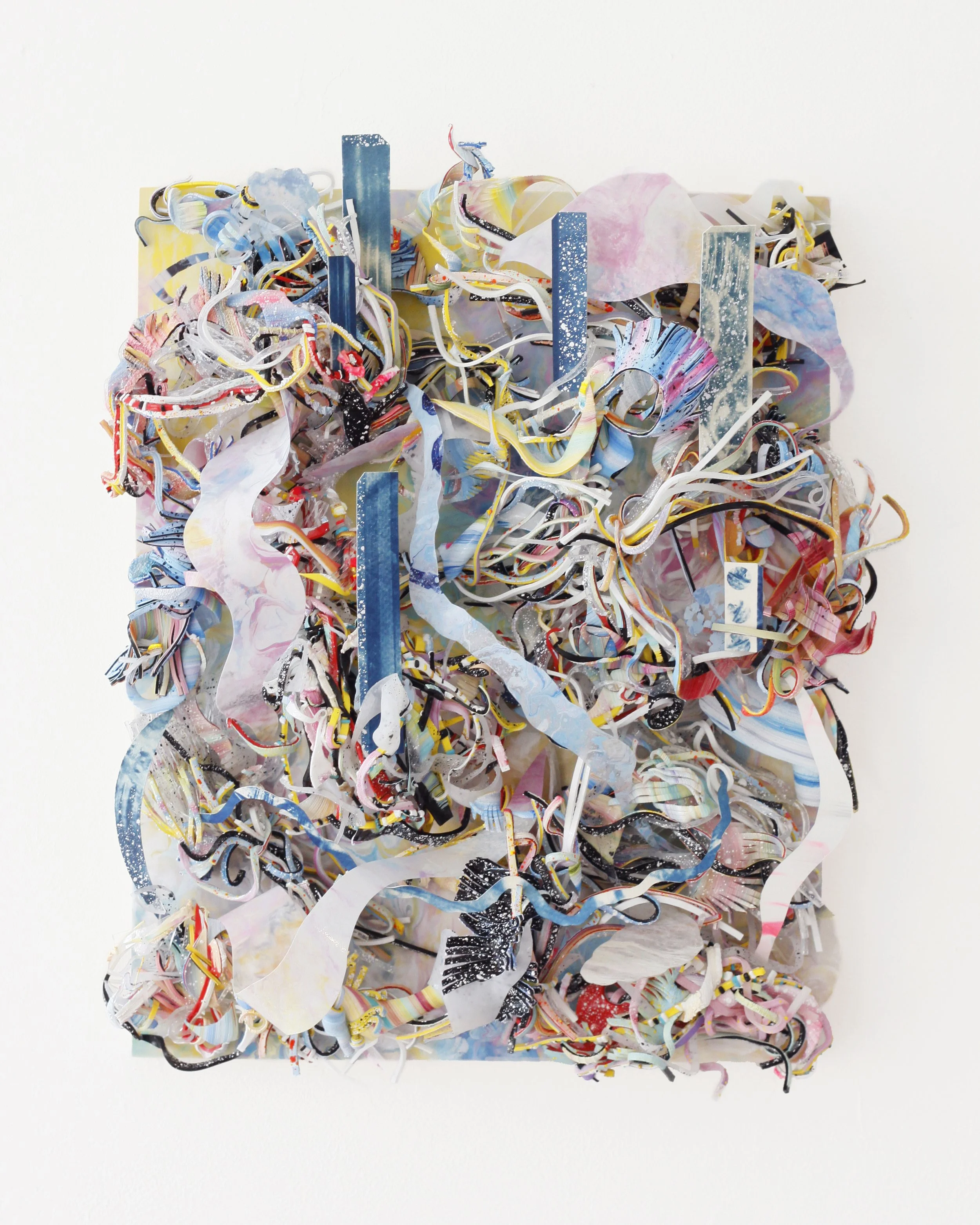 Brent Hayden, the streets weave us together, 
but something is pulling everything apart, 2021, polystyrene, vellum, and cyanotype on panel, 11” x 14”
$850