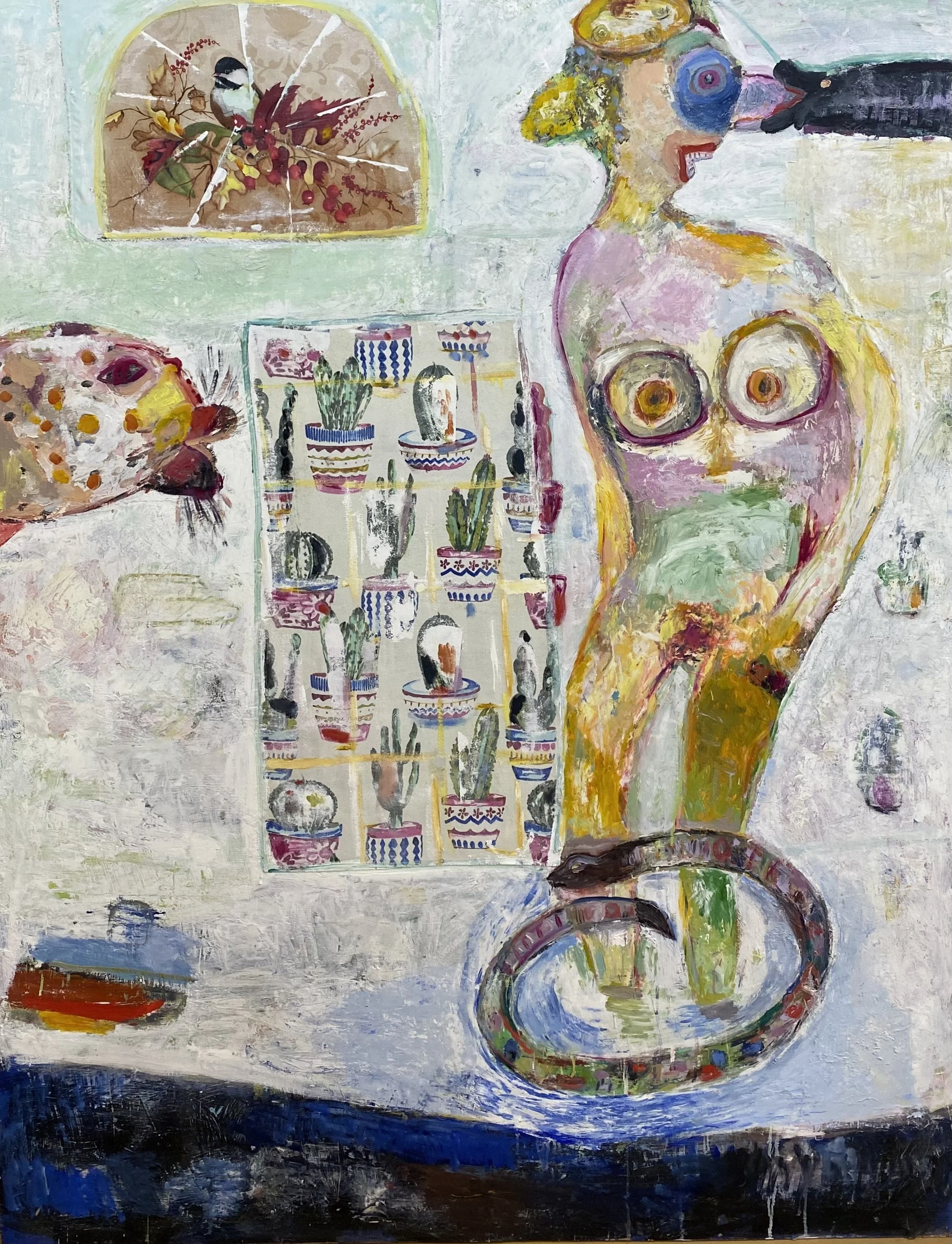 Woman with Cacti, Oil and Fabric/Canvas, 62 x 51"