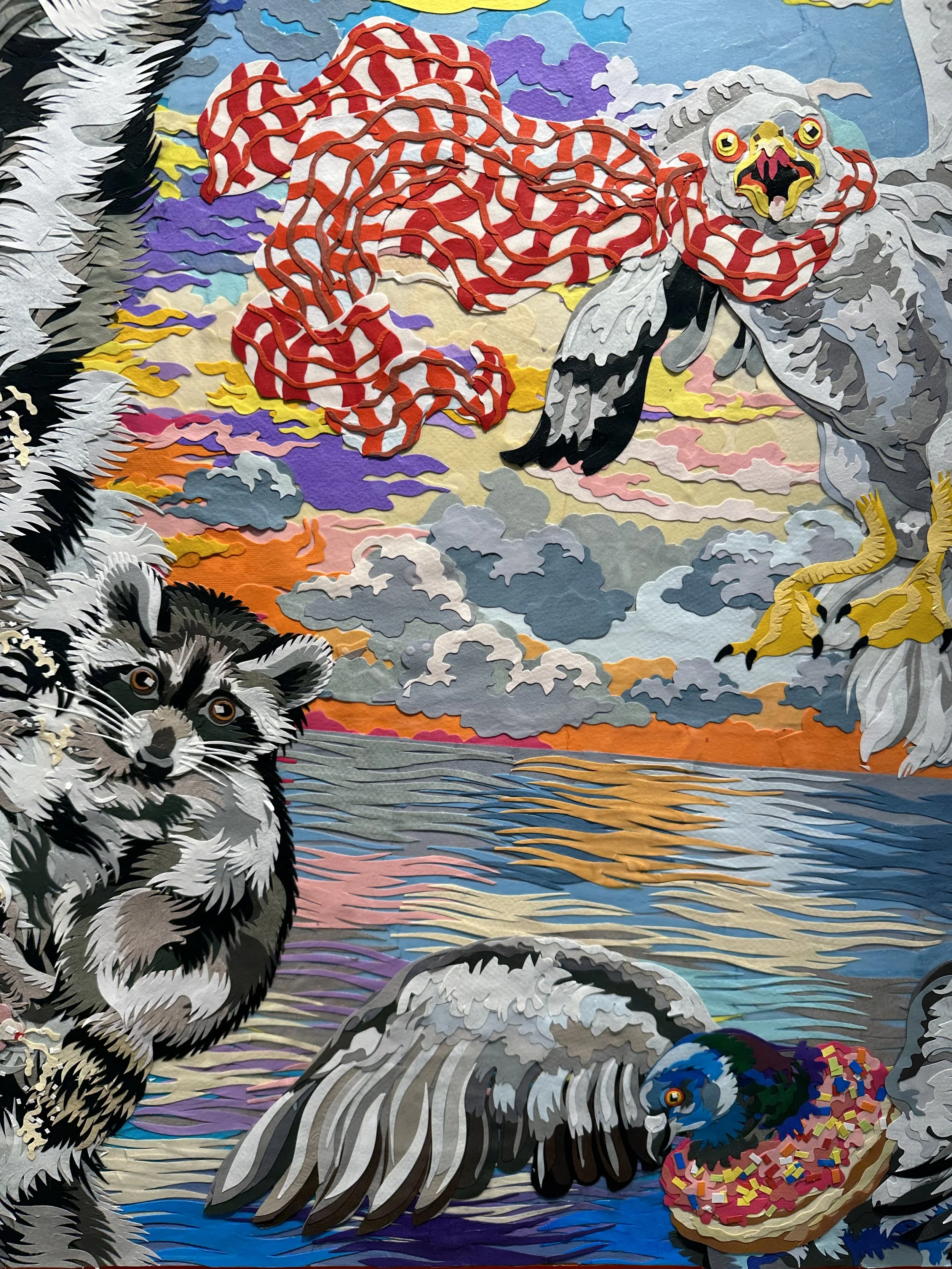 "Birth of Raccoon,' 72X48in, handout paper and gel medium on canvas, 2022, DETAIL.