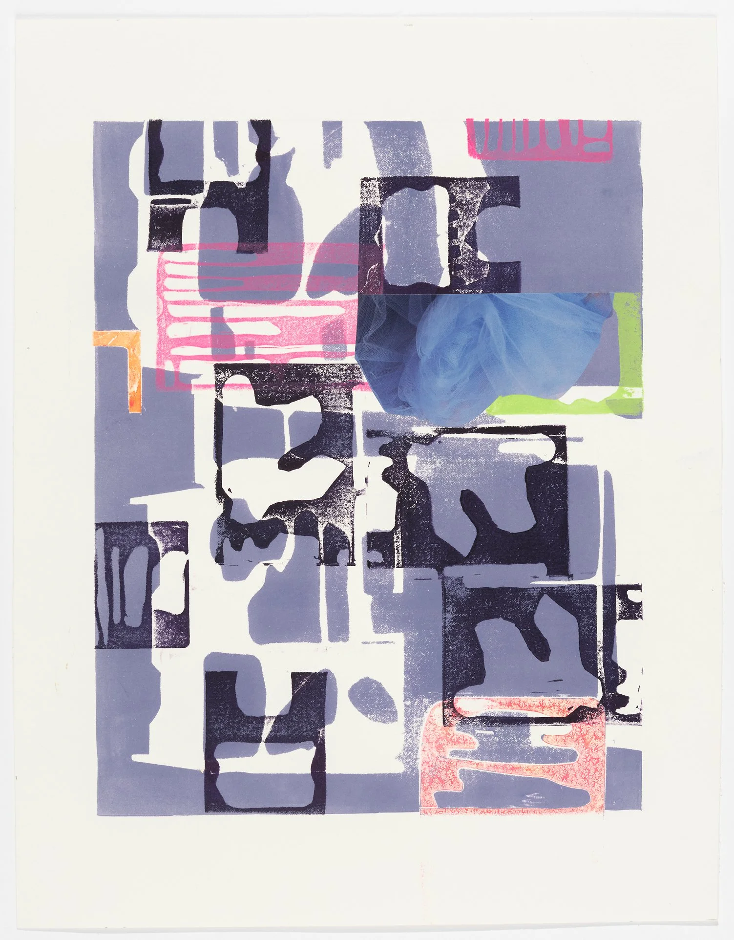 Bleed with Tulle, 2023, 14-⅞ x 18 in., Monoprint with collage