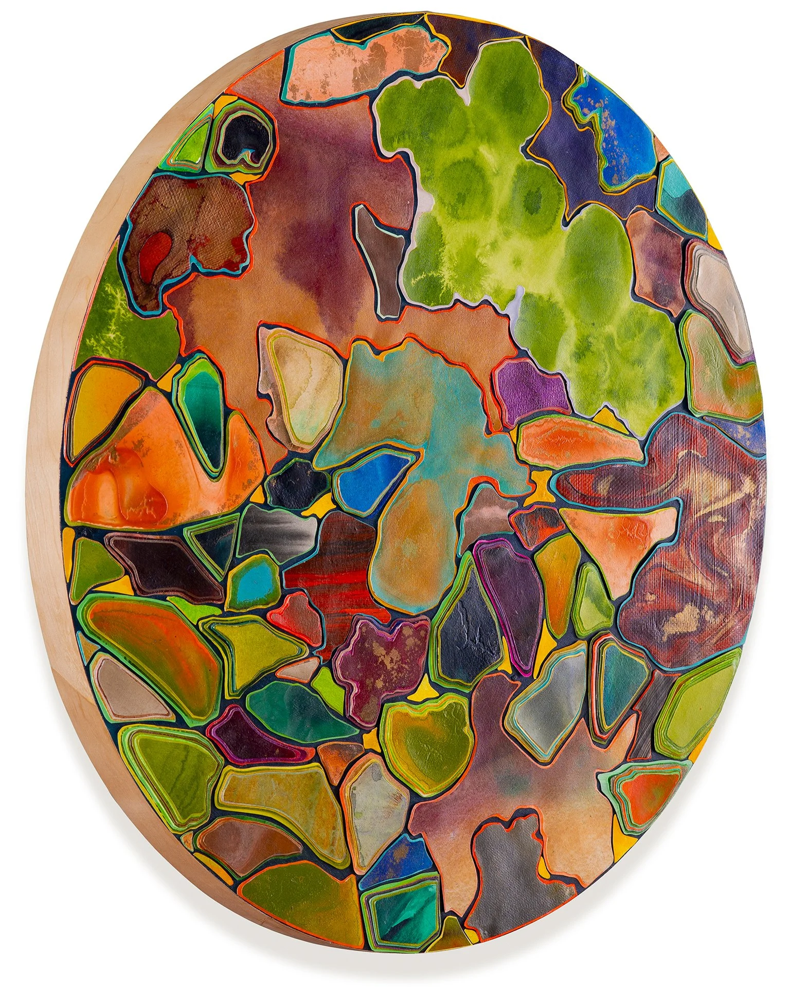 Title: Open Green
Date: 2025
Dimensions: 24” round
Medium: hand painted, hand cut paper collage on wood panel
Price: $3500