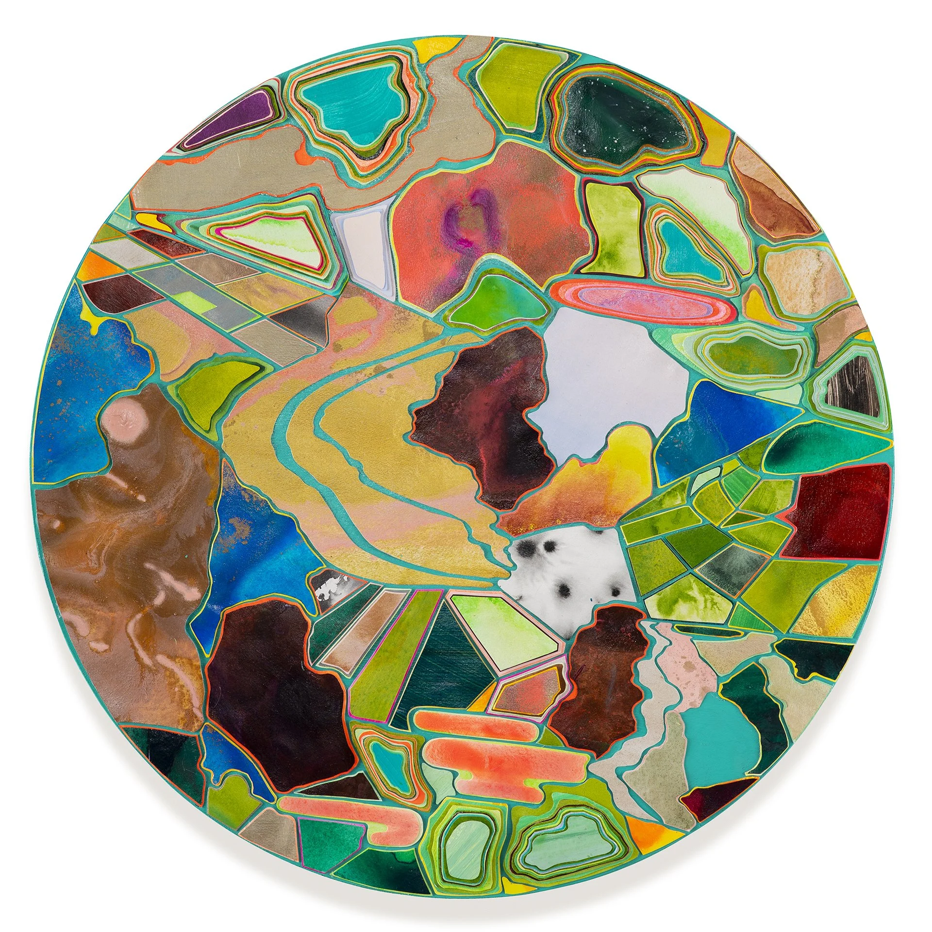 Title:The Valley
Date:2025
Dimensions:24” round
Medium: hand painted, hand cut paper collage on wood panel
Price: $3500