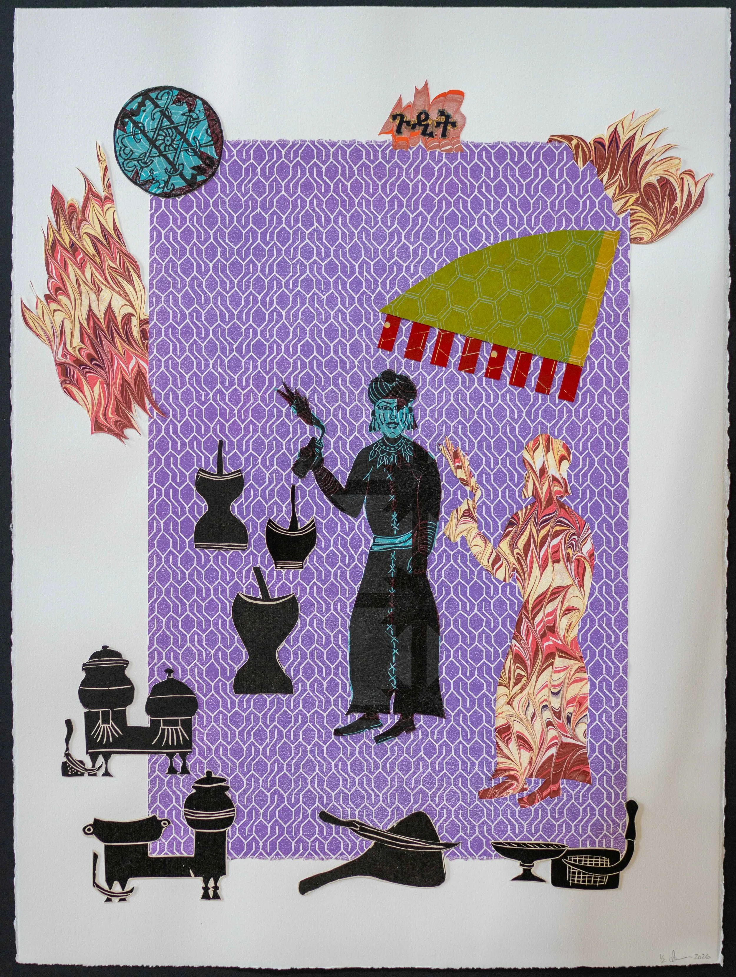 Gudit, Alchemist, 2 x 30 inches, Material: Lino cuts on letter press and French press prints on wasli paper and/or Rives Black and White papers, and hand marbled papers
