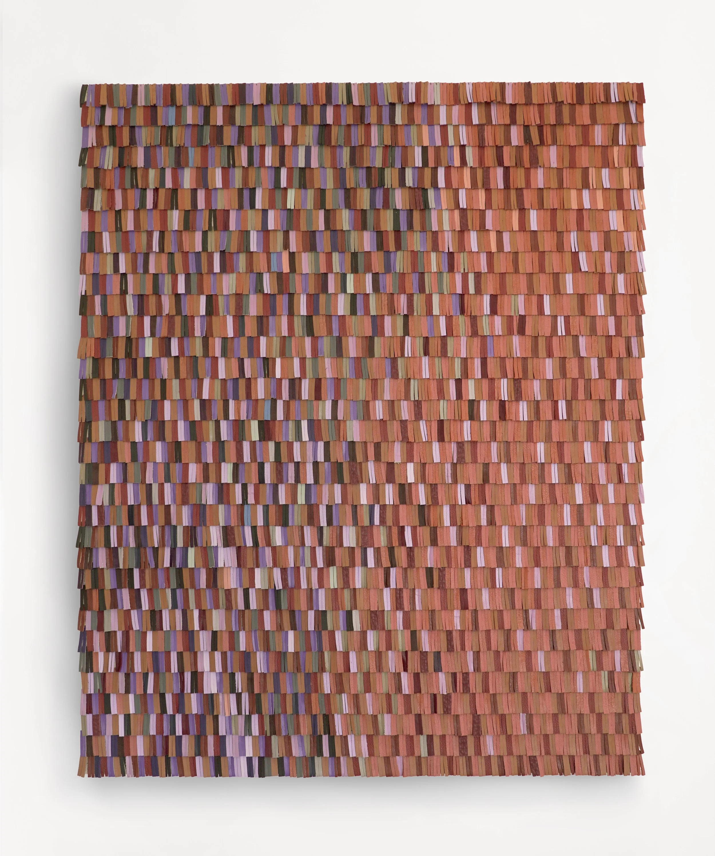 Epic Rosewood, 2026, 26 x 32 inches, Hand stitched off cut leather on canvas, framed