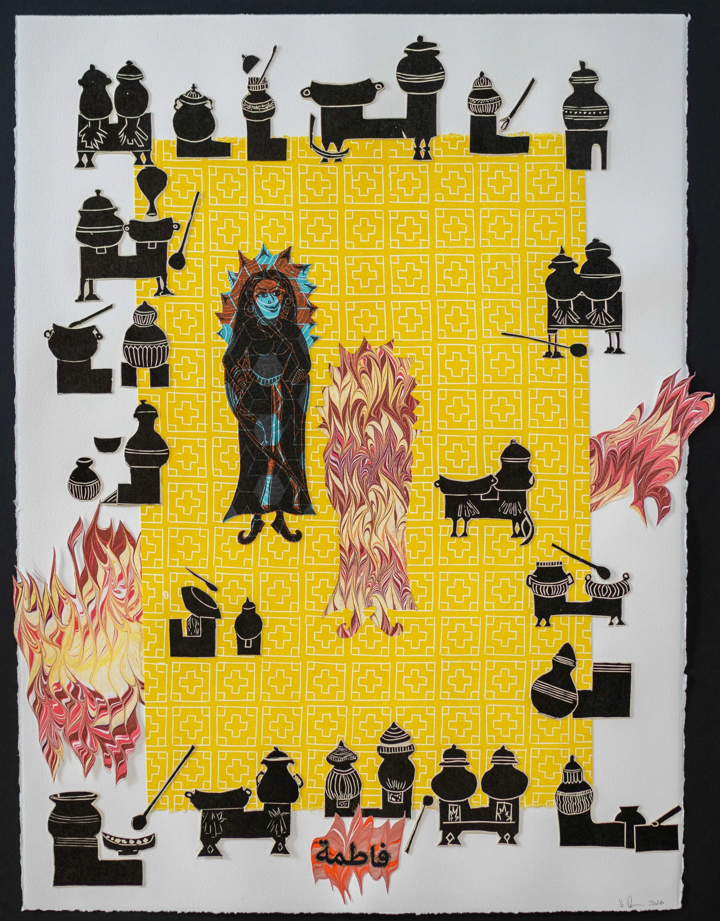 Fatima, Alchemists, 2 x 30 inches, Material: Lino cuts on letter press and French press prints on wasli paper and/or Rives Black and White papers, and hand marbled papers
