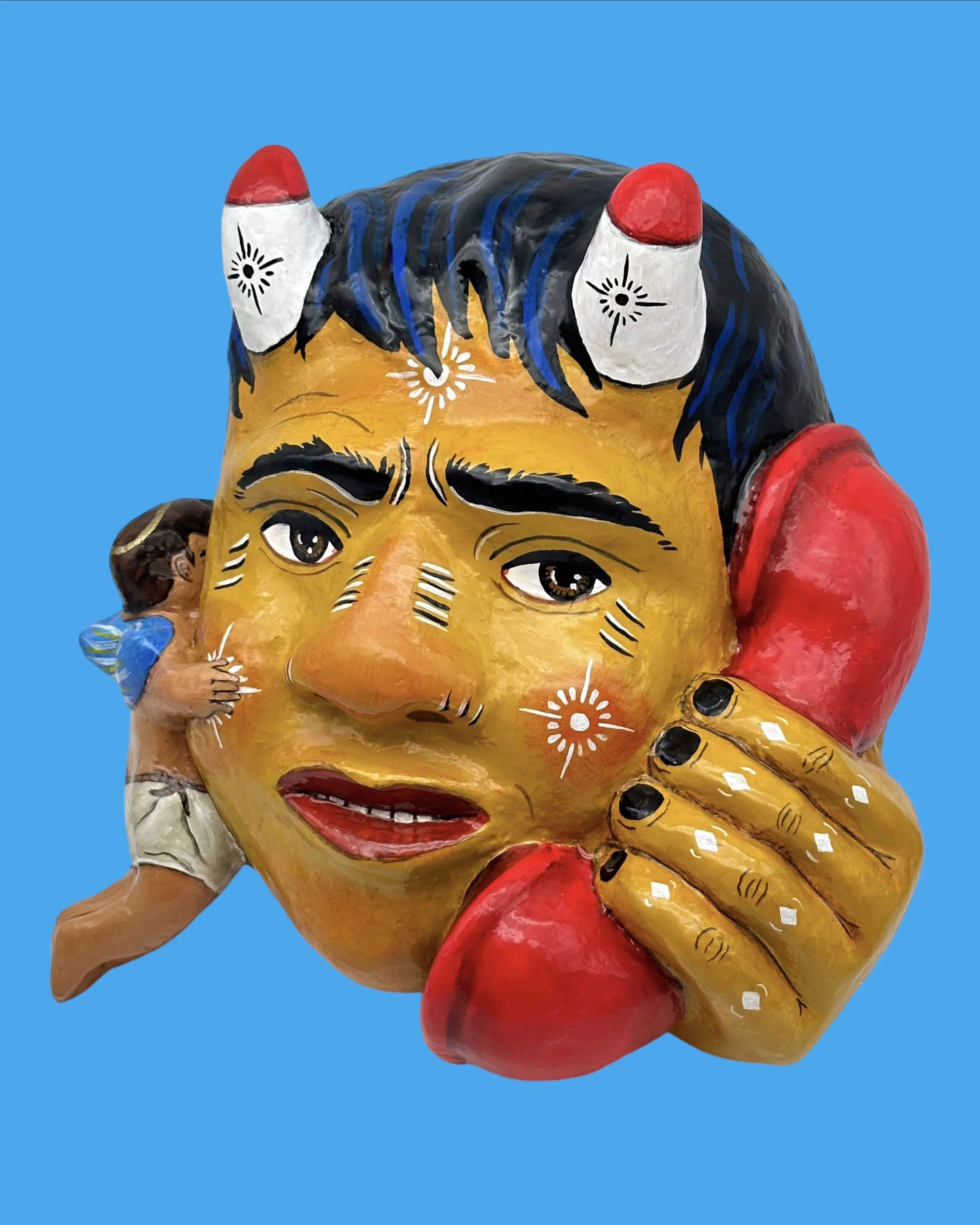 Mixed Messages, 2024, Paper Mache, Acrylic Paint, Artist Resin 14 x 13 x 5 in.