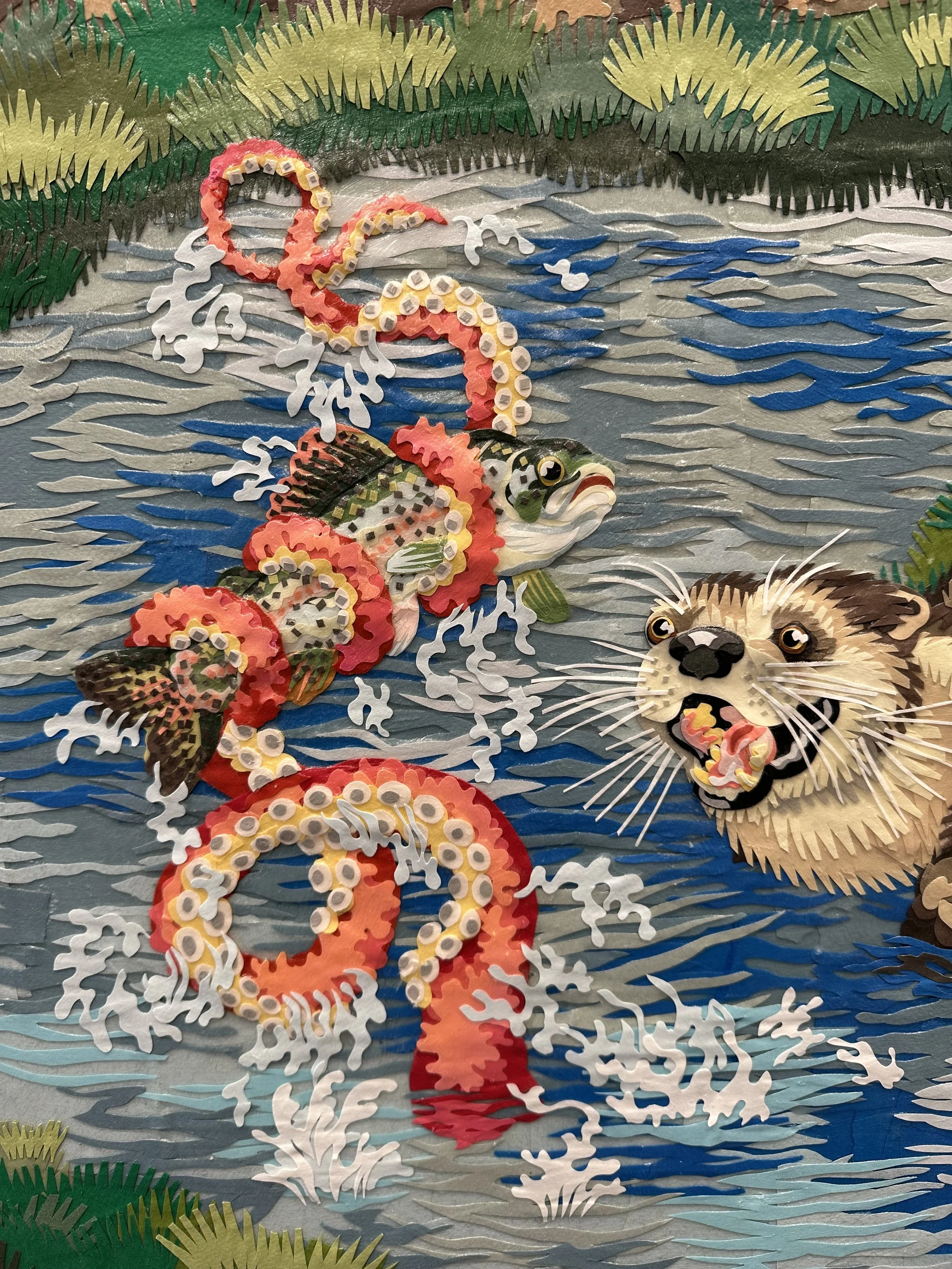 "Point Reyes," 48x108in, handout paper and gel medium on wood panels, 2018, DETAIL.