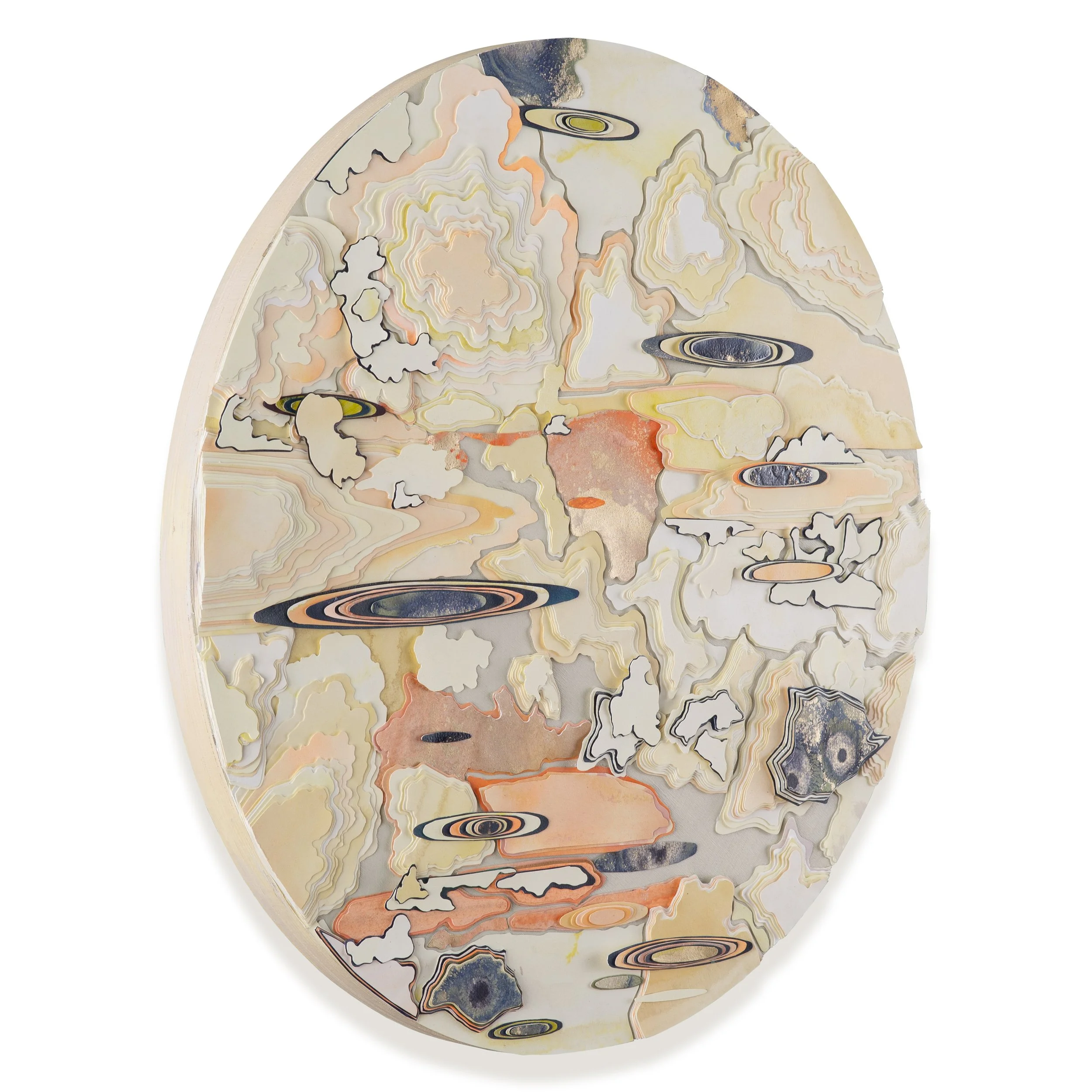Title: The Rapture
Date: 2026
Dimensions: 24” round
Medium: hand painted, hand cut paper collage on wood panel
Price: $4000