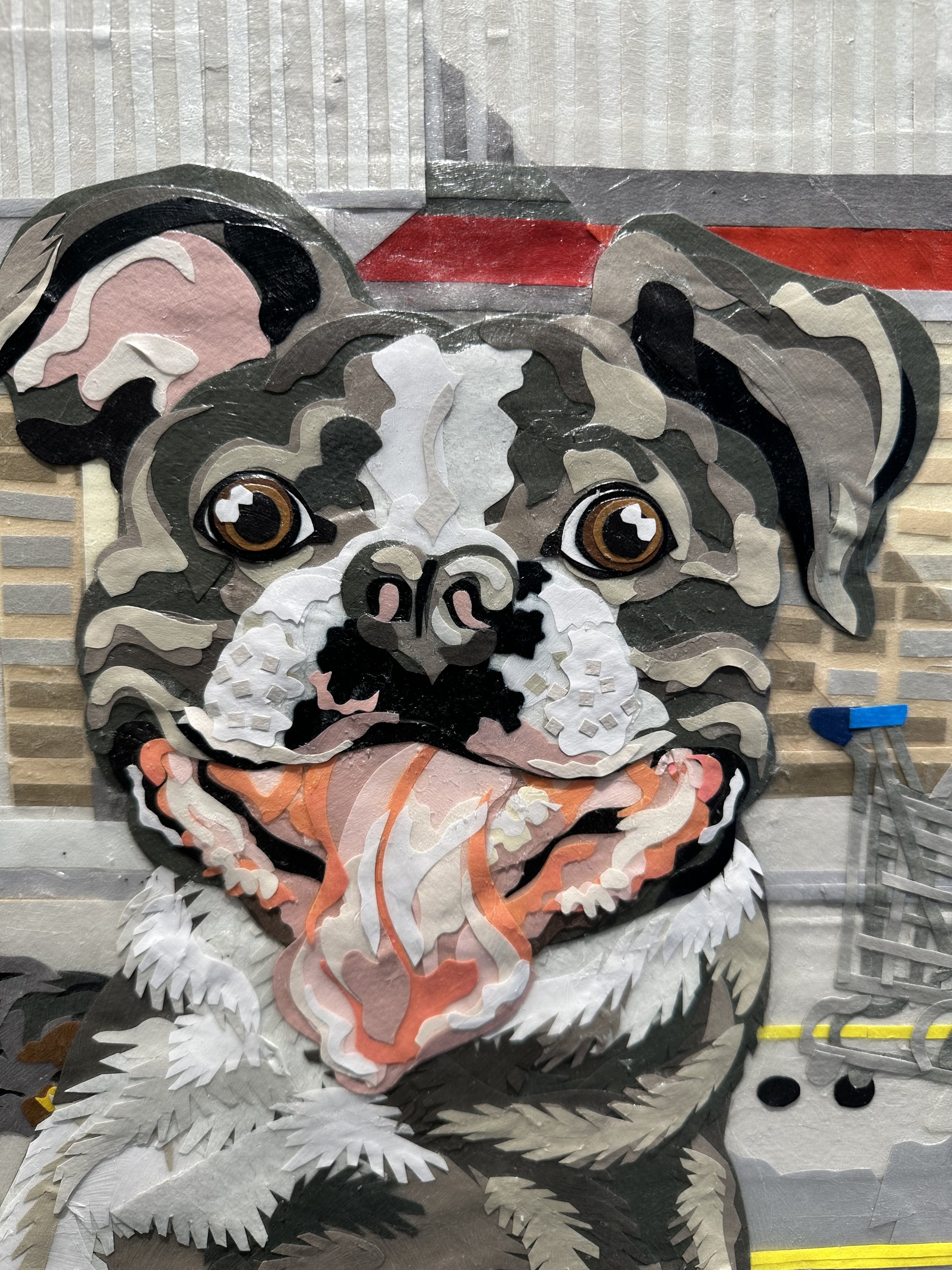 "Parking Lot," 48x108in, handout paper and gel medium on wood panels, 2018, DETAIL.